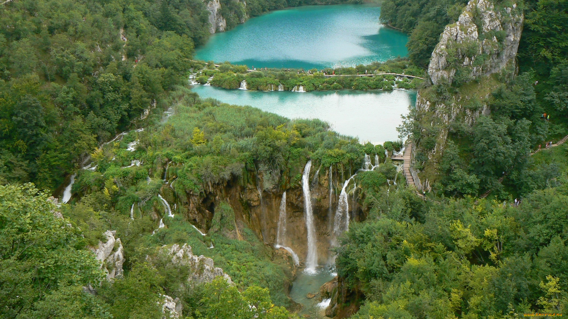 природа, водопады, тропа, скалы, деревья, водопад, струи, река, зелень