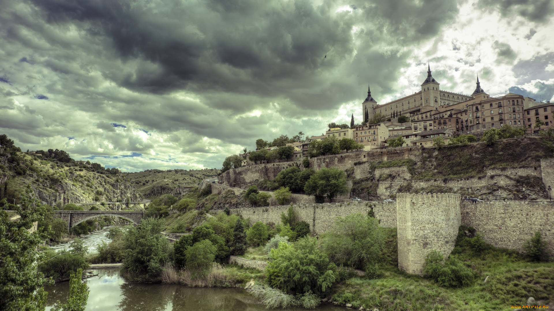 toledo, города, толедо, , испания, река, замок, холм, мост