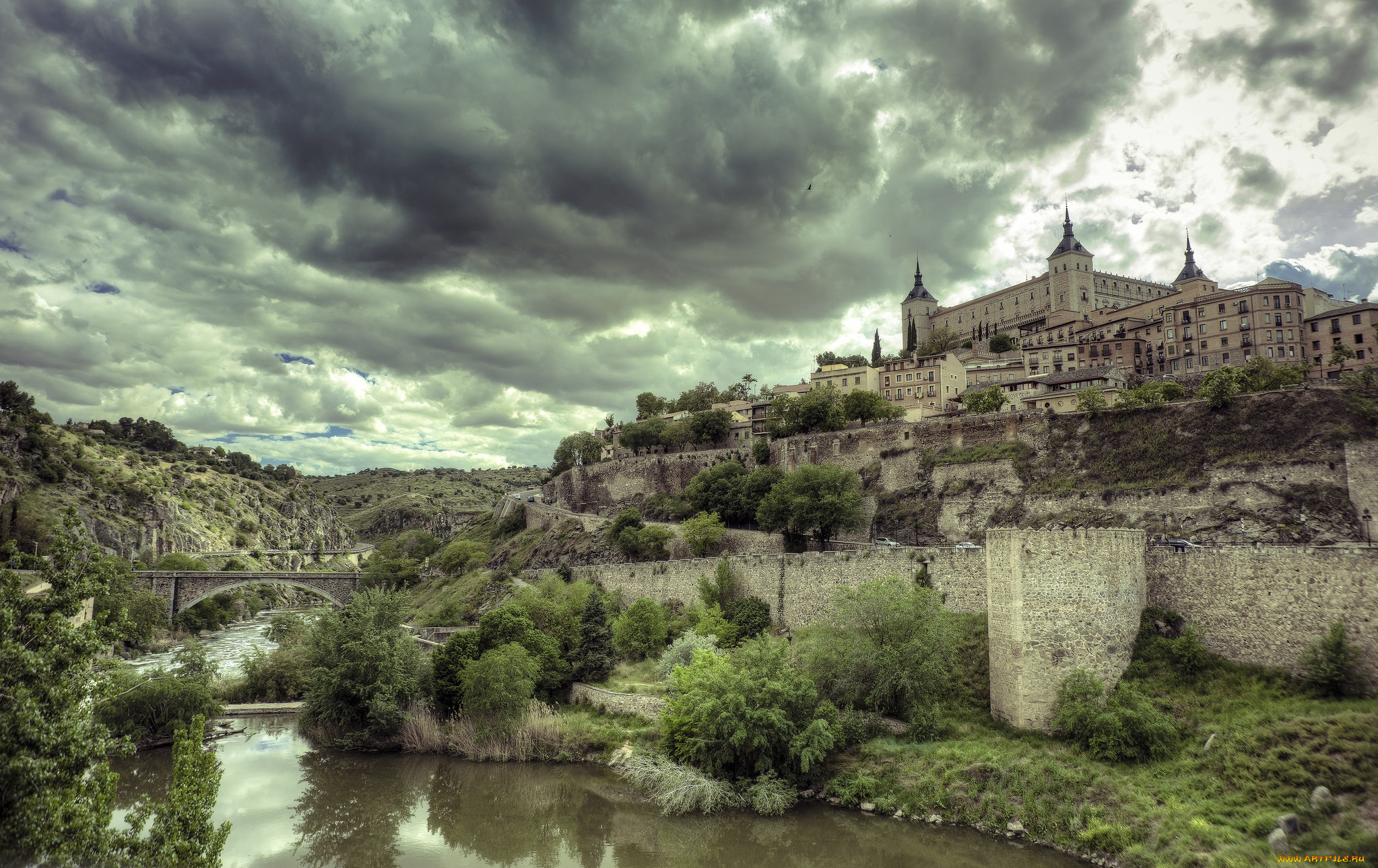 toledo, города, толедо, , испания, река, замок, холм, мост