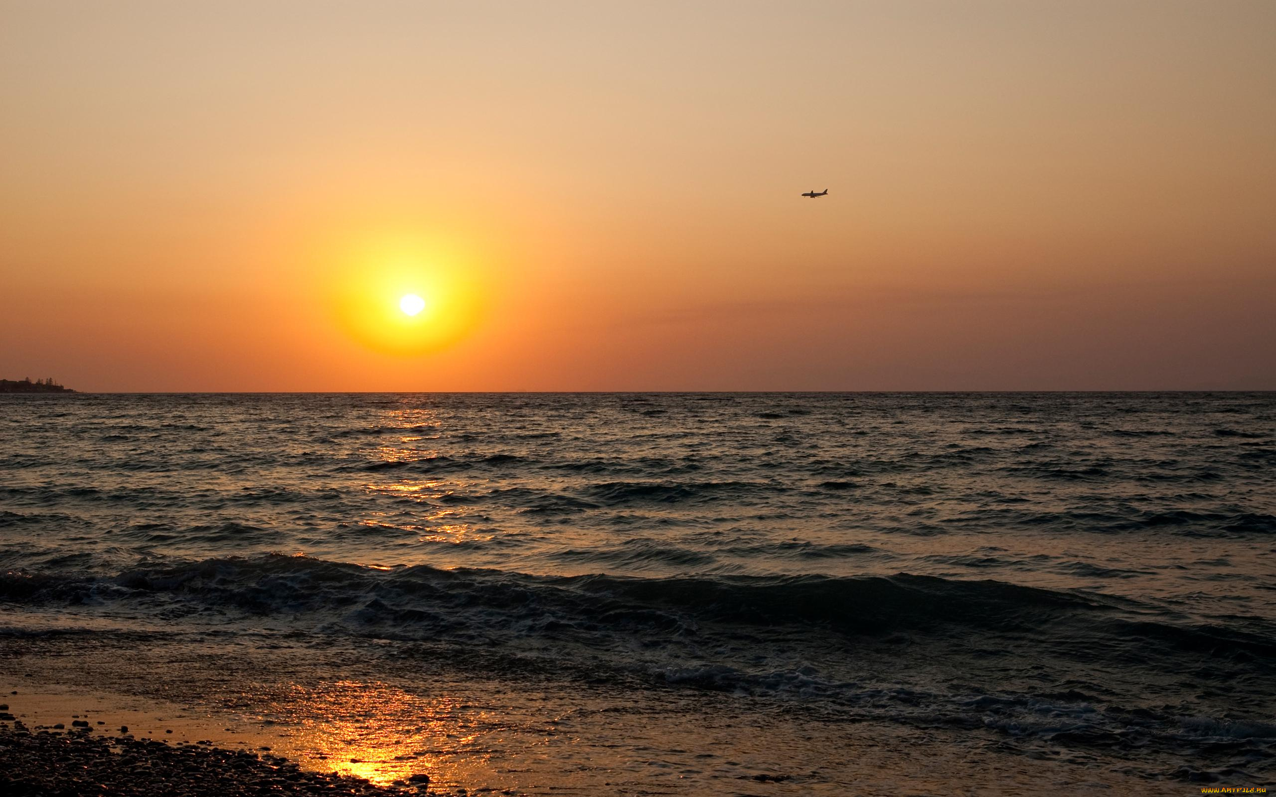 природа, восходы, закаты, солнце, галька, берег, закат, самолет, небо, море