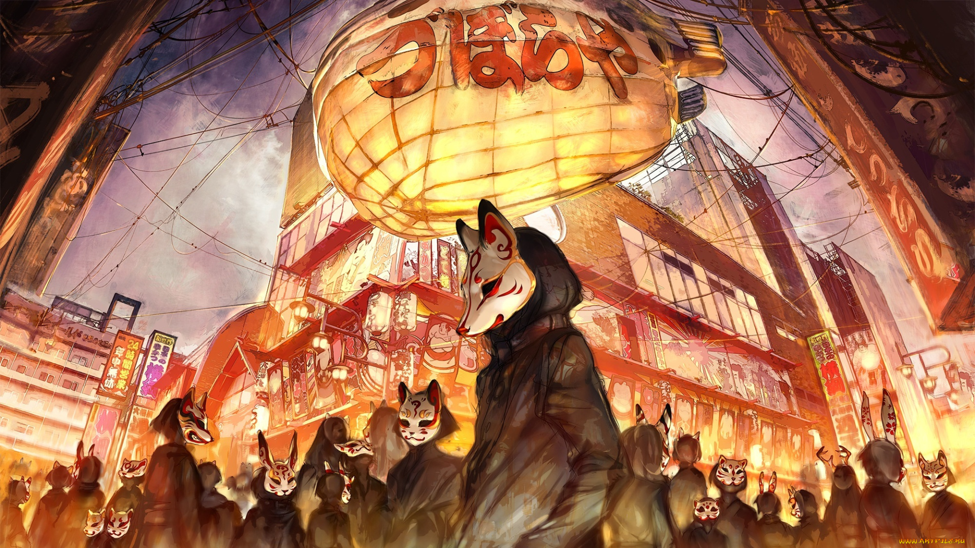 аниме, город, , улицы, , здания, люди, маски