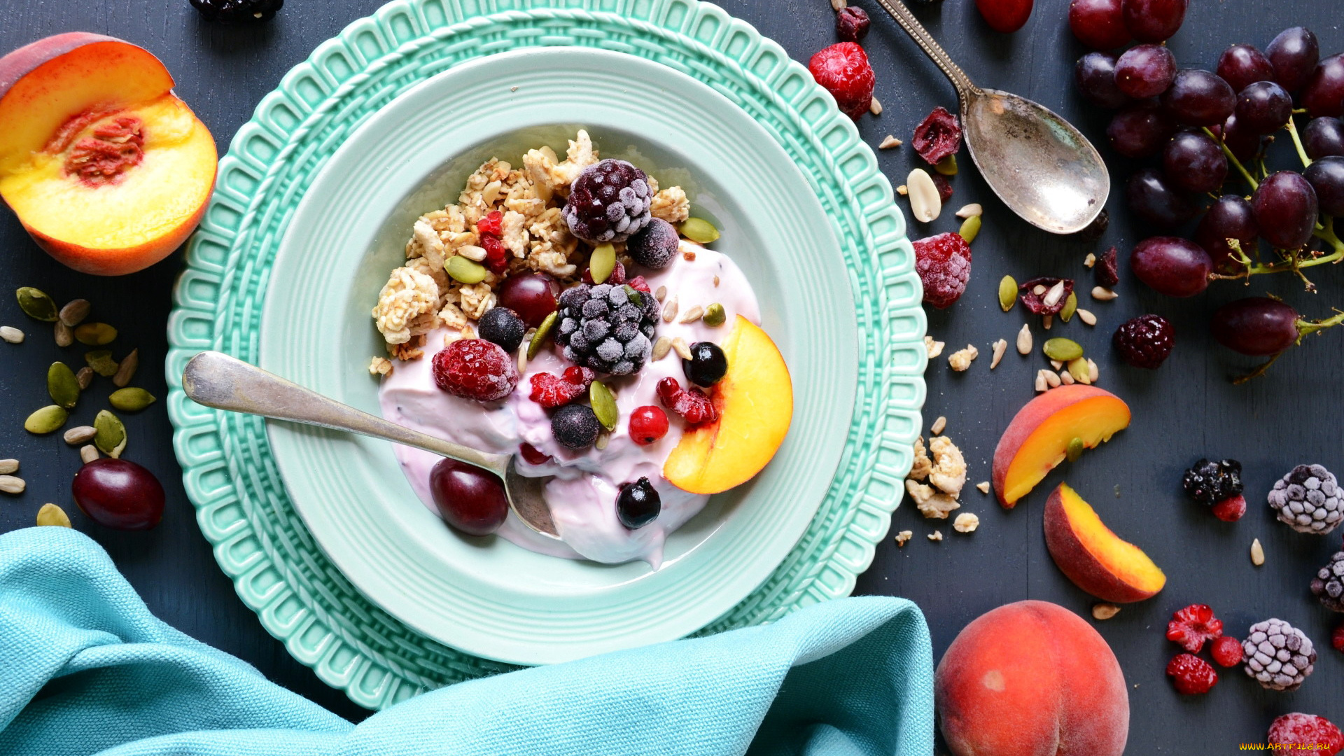 еда, мюсли, , хлопья, малина, хлопья, персик, виноград, семечки