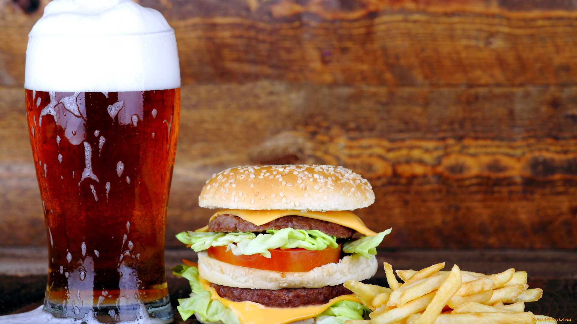 еда, разное, пиво, бокал, картофель, фри, гамбургер
