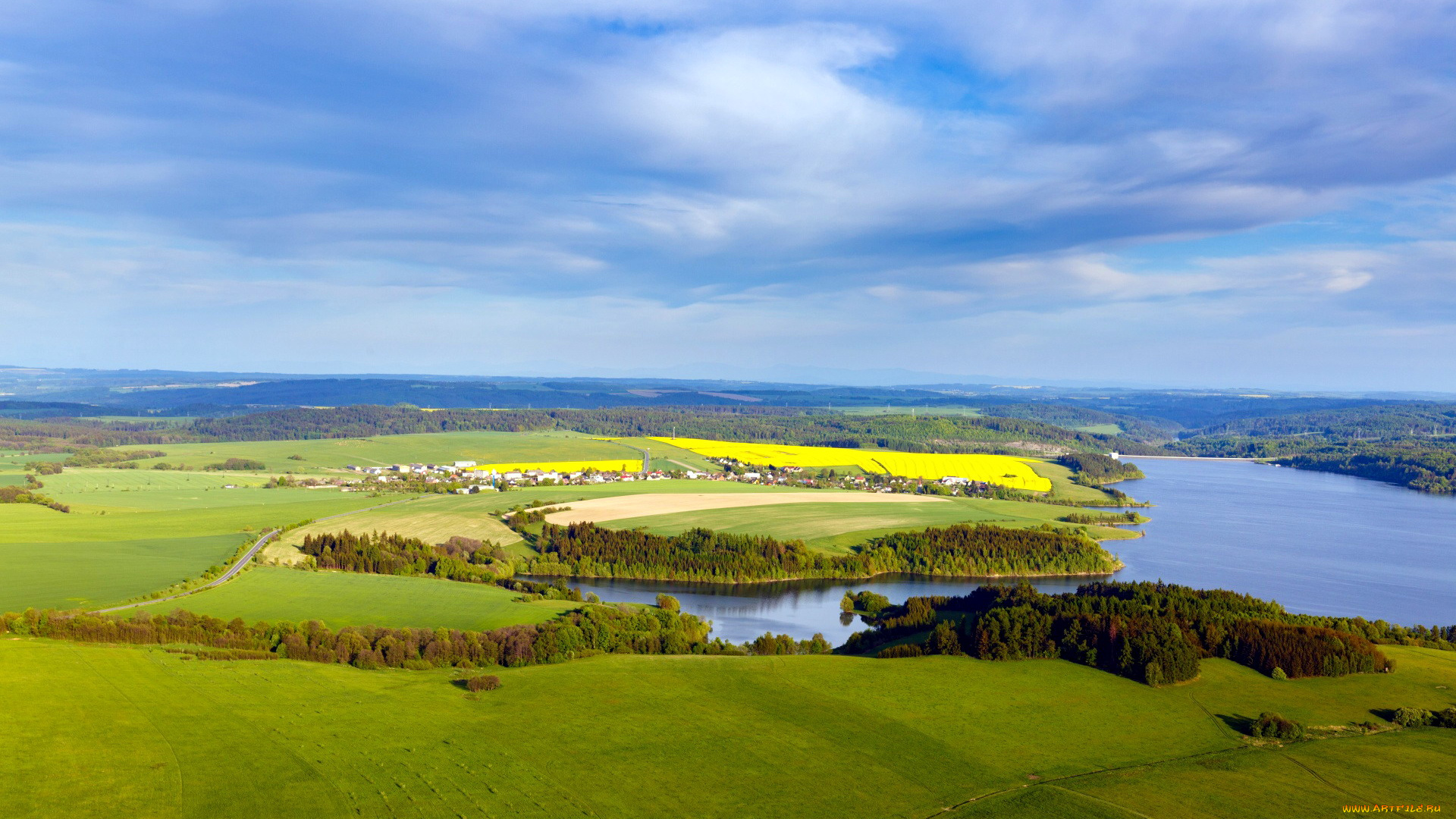 природа, пейзажи, река, поля, деревья, панорама