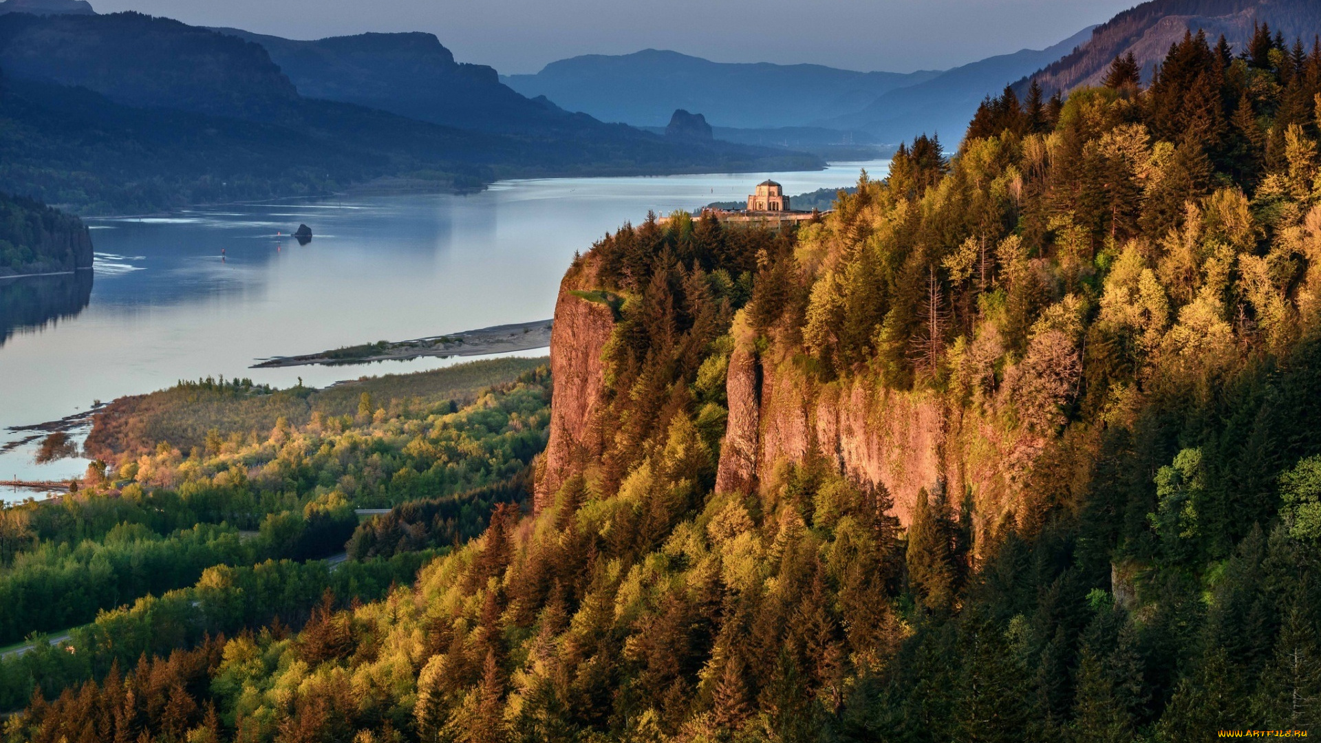 природа, реки, озера, лес, обрыв, храм, река, деревья, горы