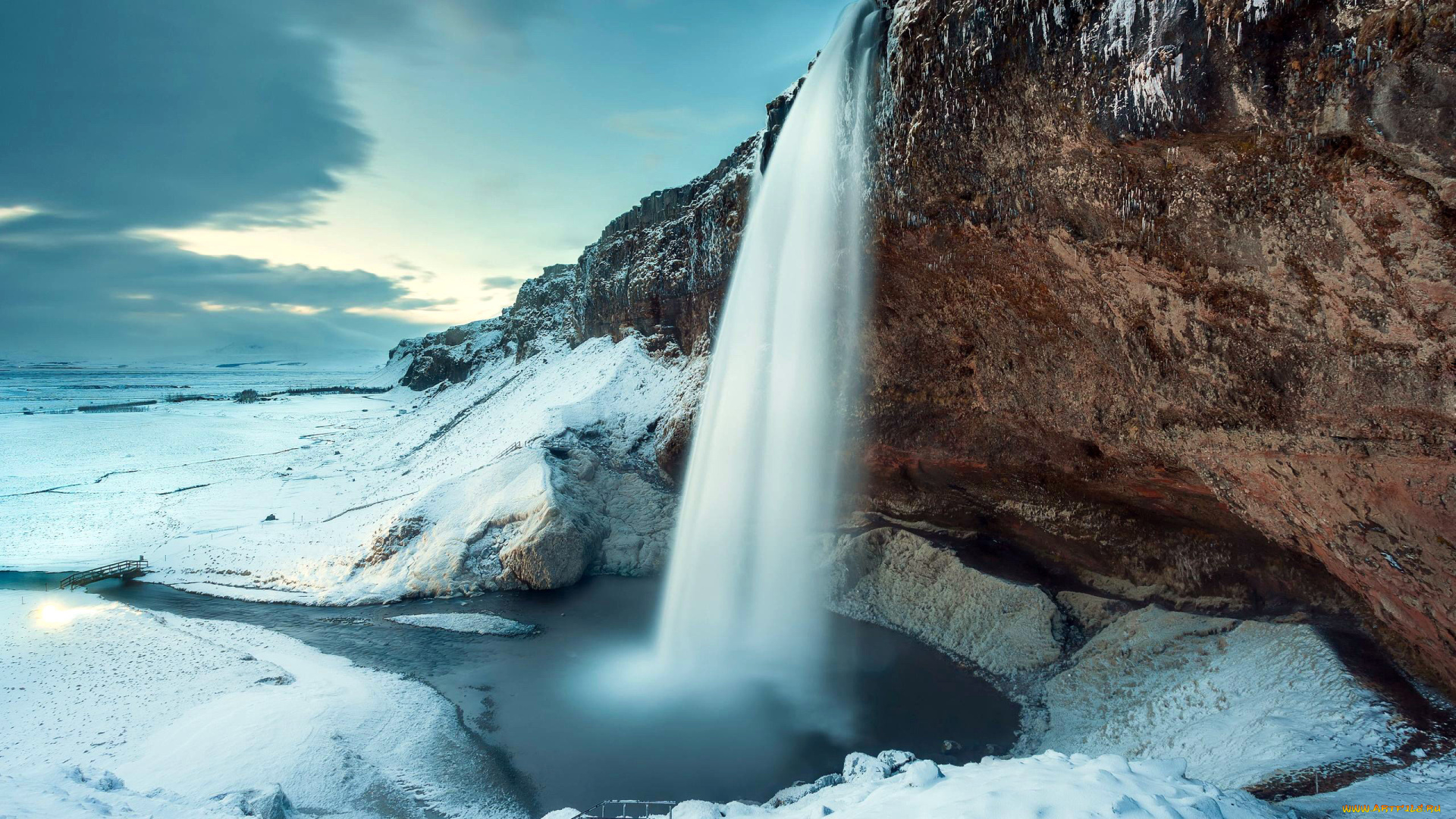природа, водопады, поток, водоем, замерзший, зима