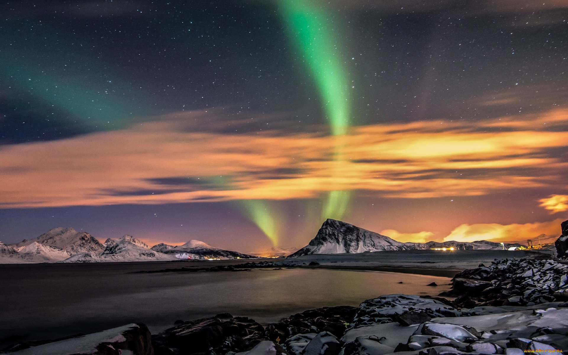 природа, северное, сияние, камни, горы, звезды, озеро, небо, ночь, сияние