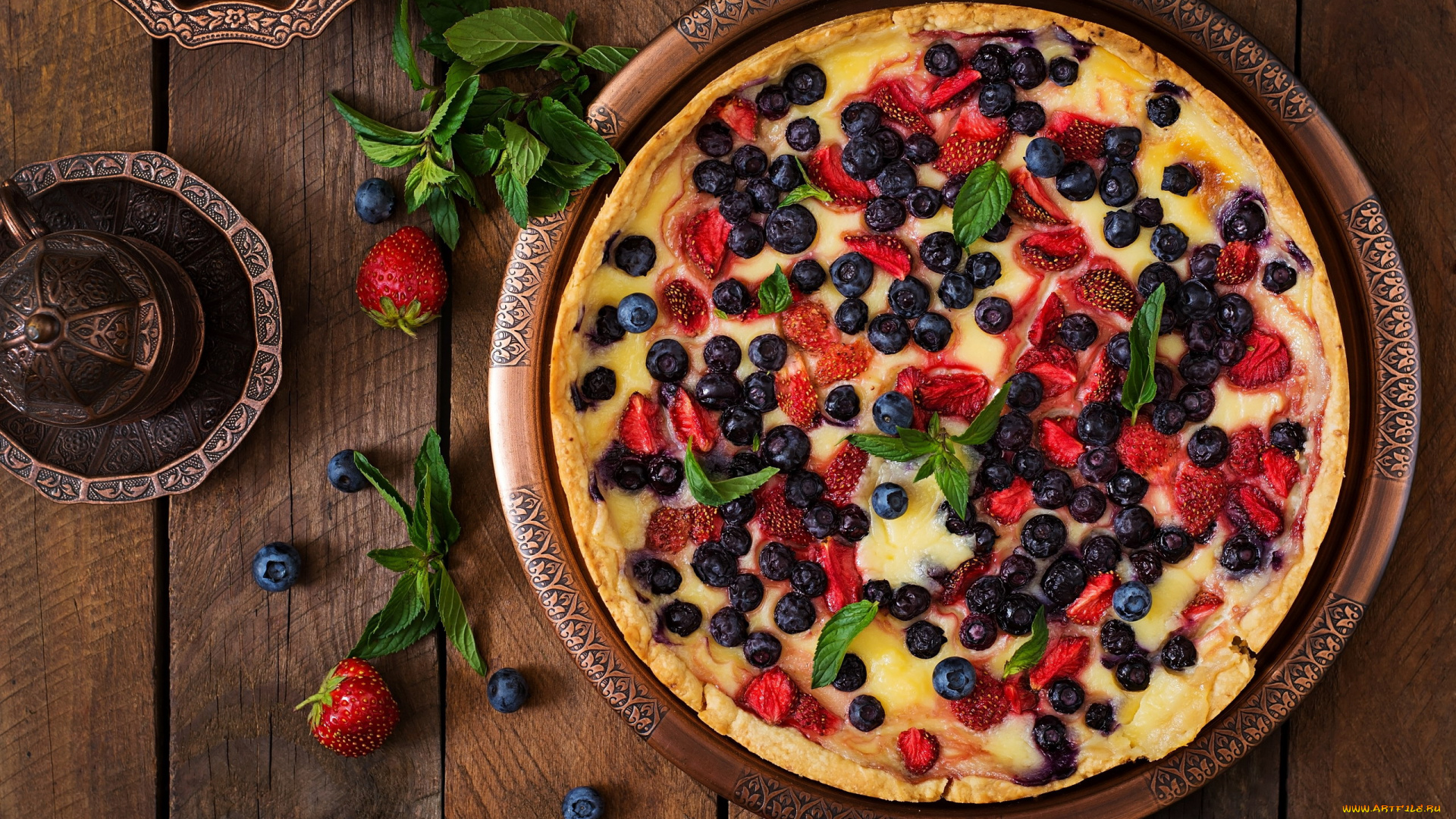 еда, пироги, пирог, мята, черника, клубника, ягоды