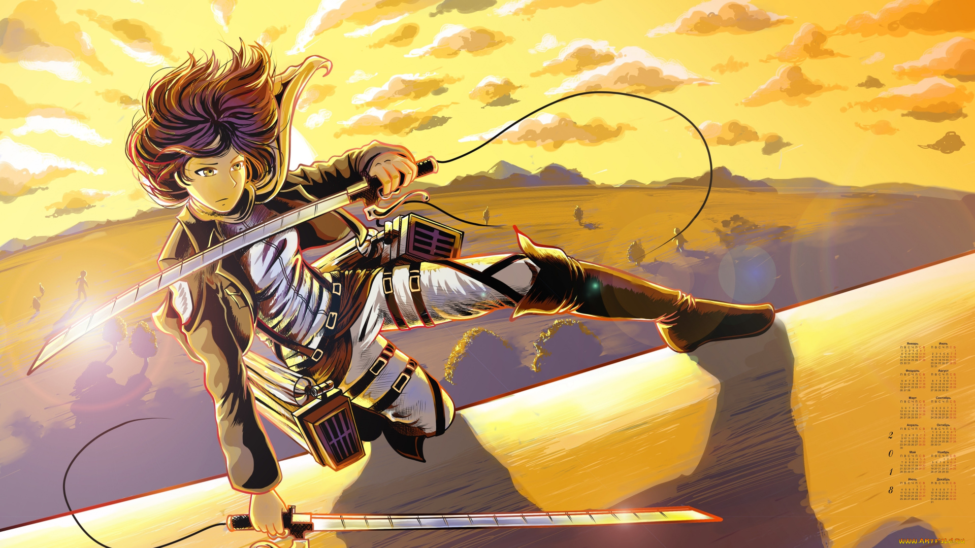 календари, аниме, взгляд, лицо, девушка, 2018, облака, оружие