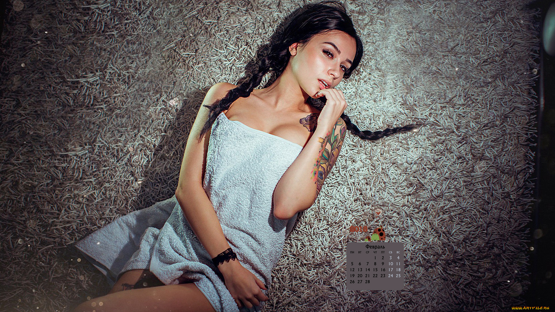 календари, девушки, полотенце, тату, взгляд, девушка, 2018