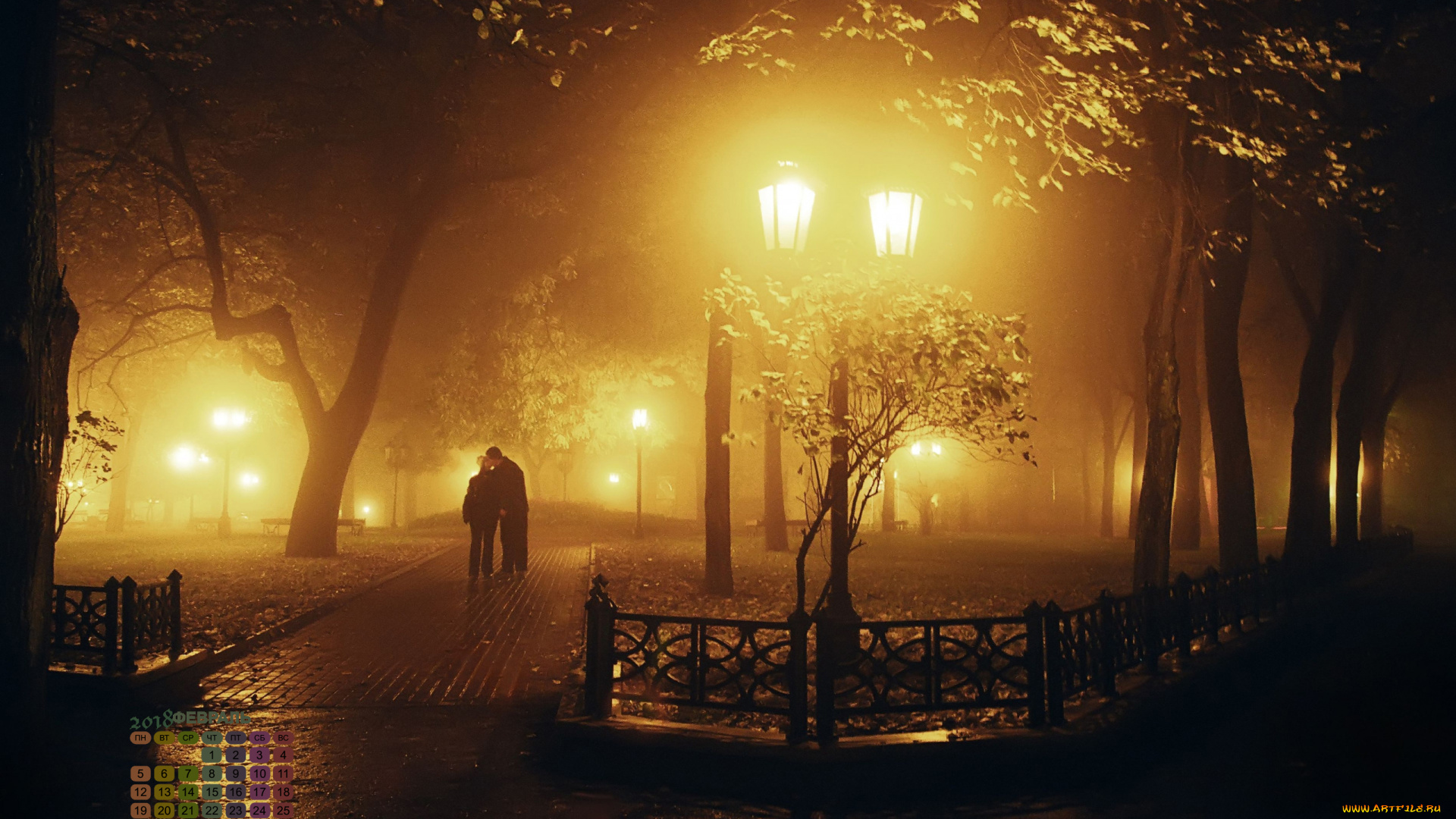 календари, люди, решетка, деревья, ночь, фонарь, 2018