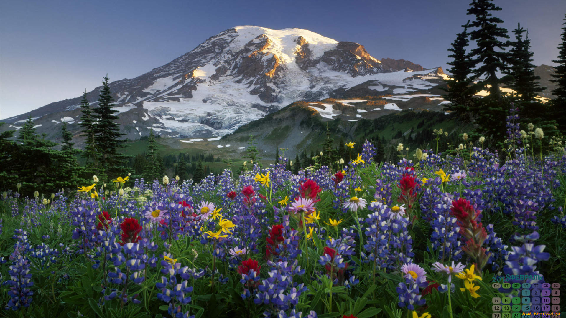 календари, природа, деревья, гора, цветы, 2018