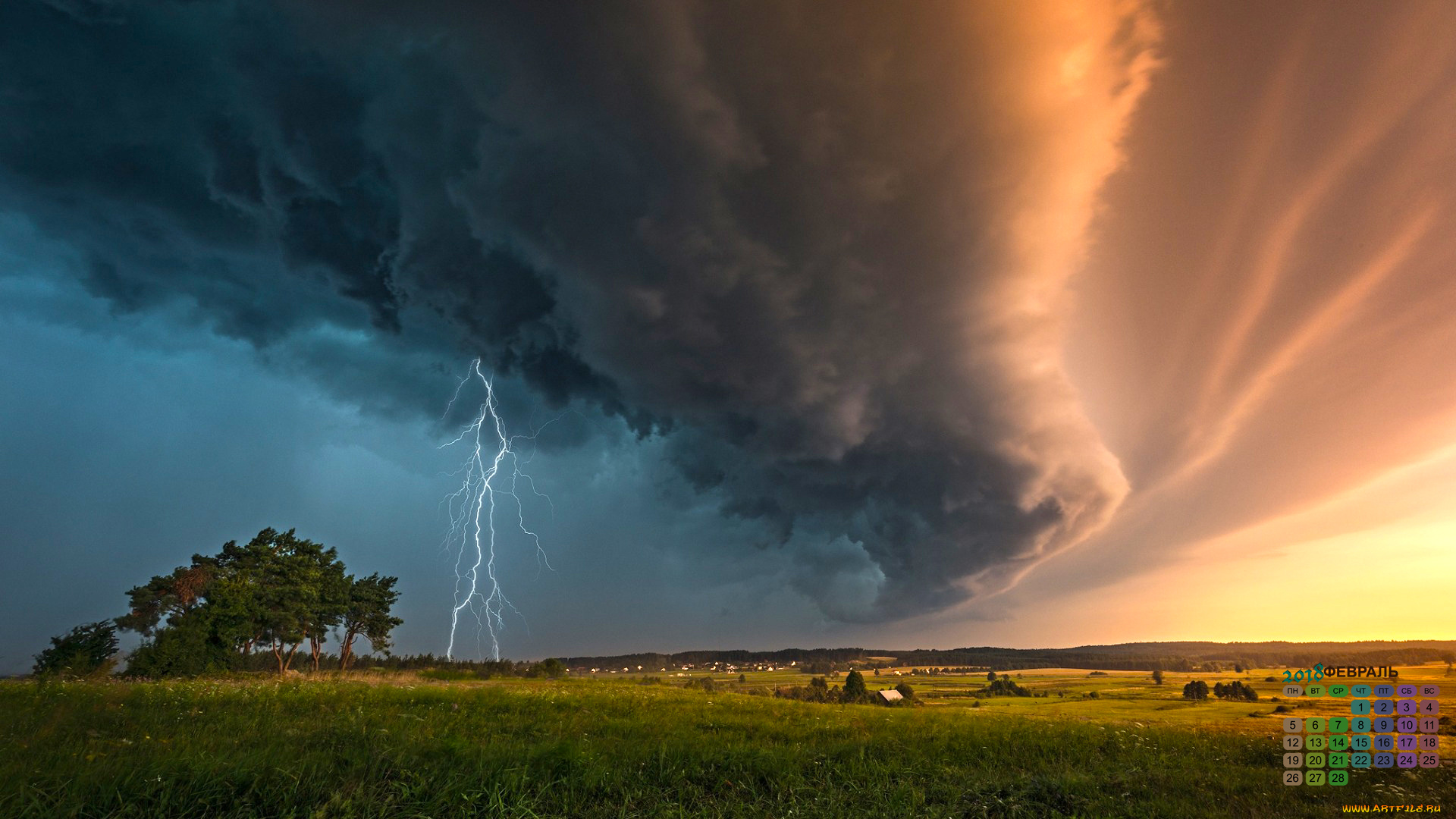 календари, природа, деревья, туча, молния, 2018