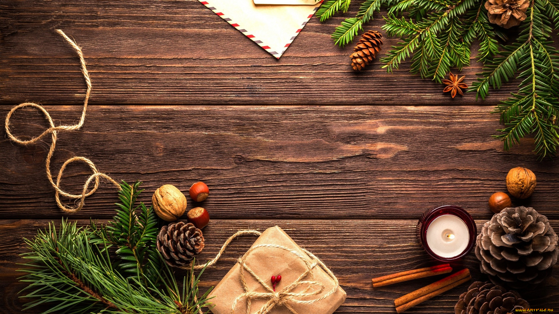 праздничные, -, разное, , новый, год, конверт, стол, веревка, орехи, свеча, подарок, шишки, ёлки, письмо