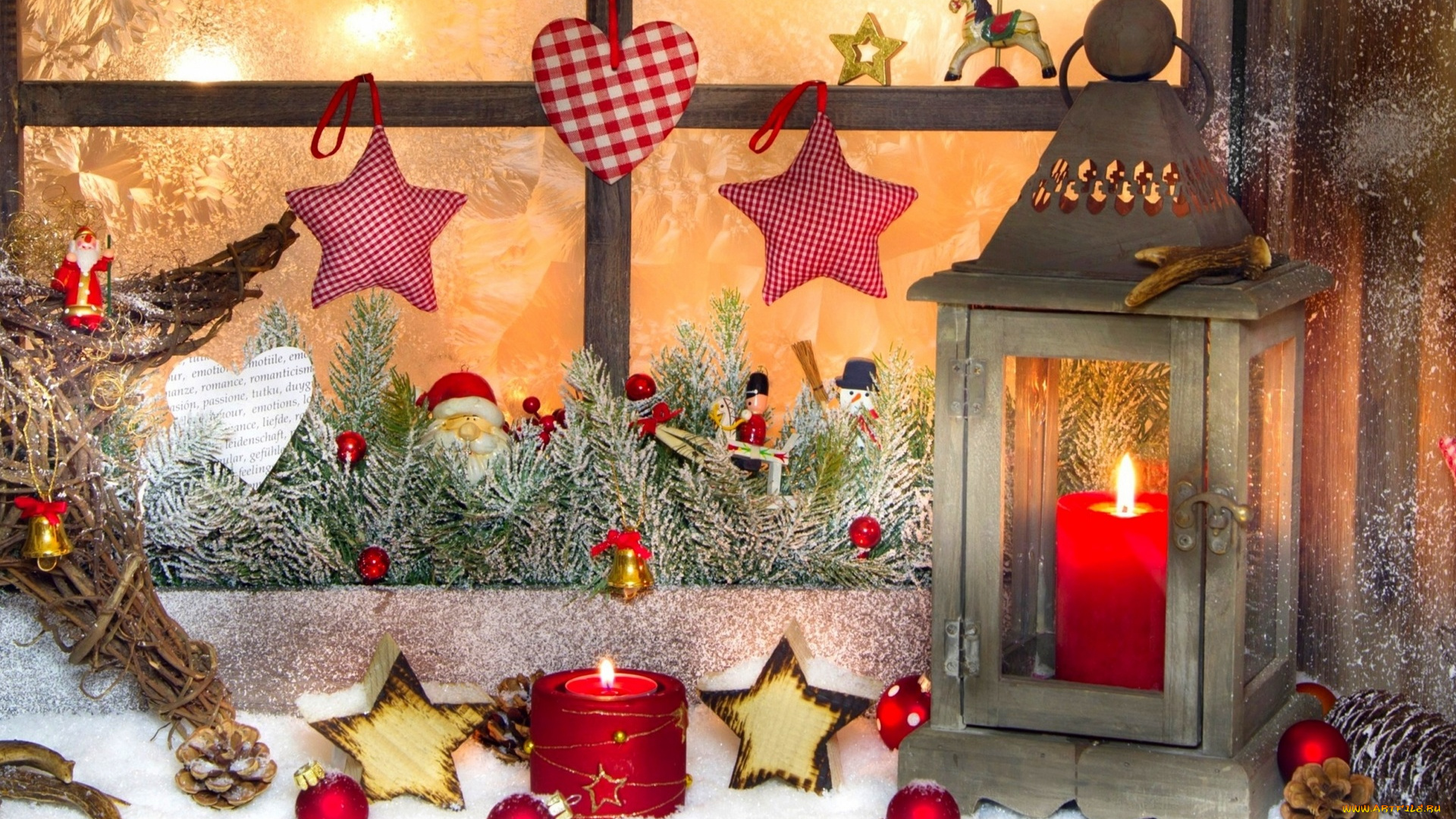 праздничные, новогодние, свечи, окно, игрушки, звезды, шишки, фонарь, свечи, ёлка, фигурки