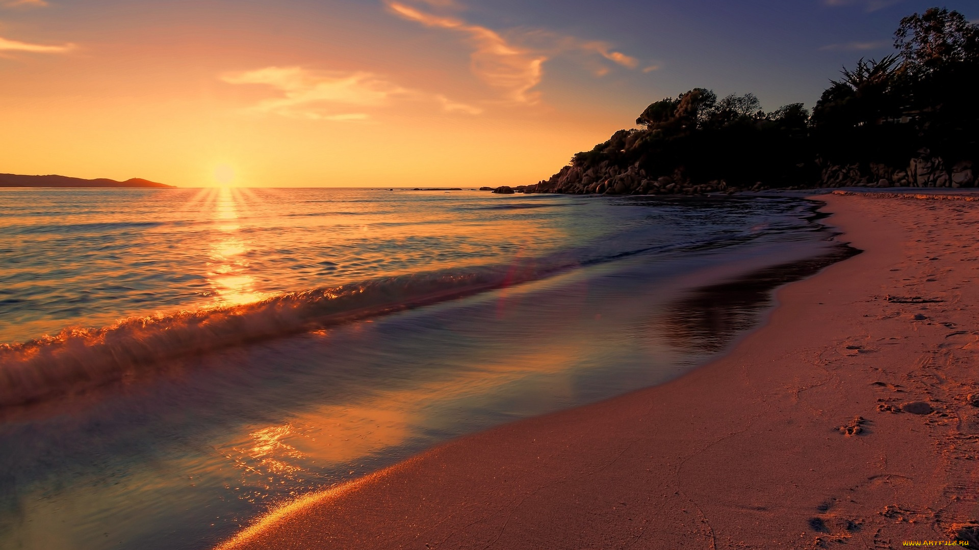 природа, побережье, облака, небо, деревья, солнце, закат, берег, пляж, море