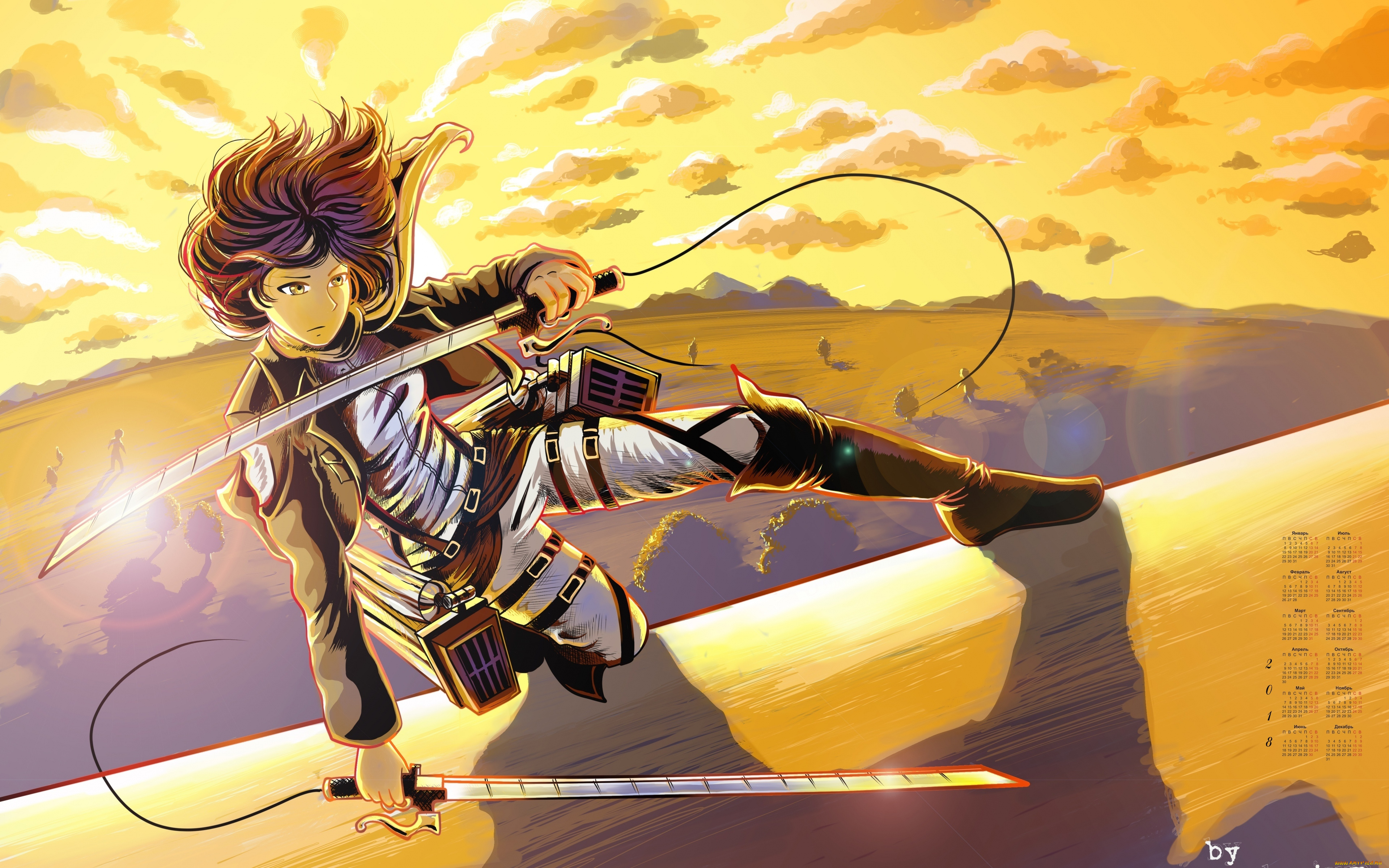 календари, аниме, взгляд, лицо, девушка, 2018, облака, оружие