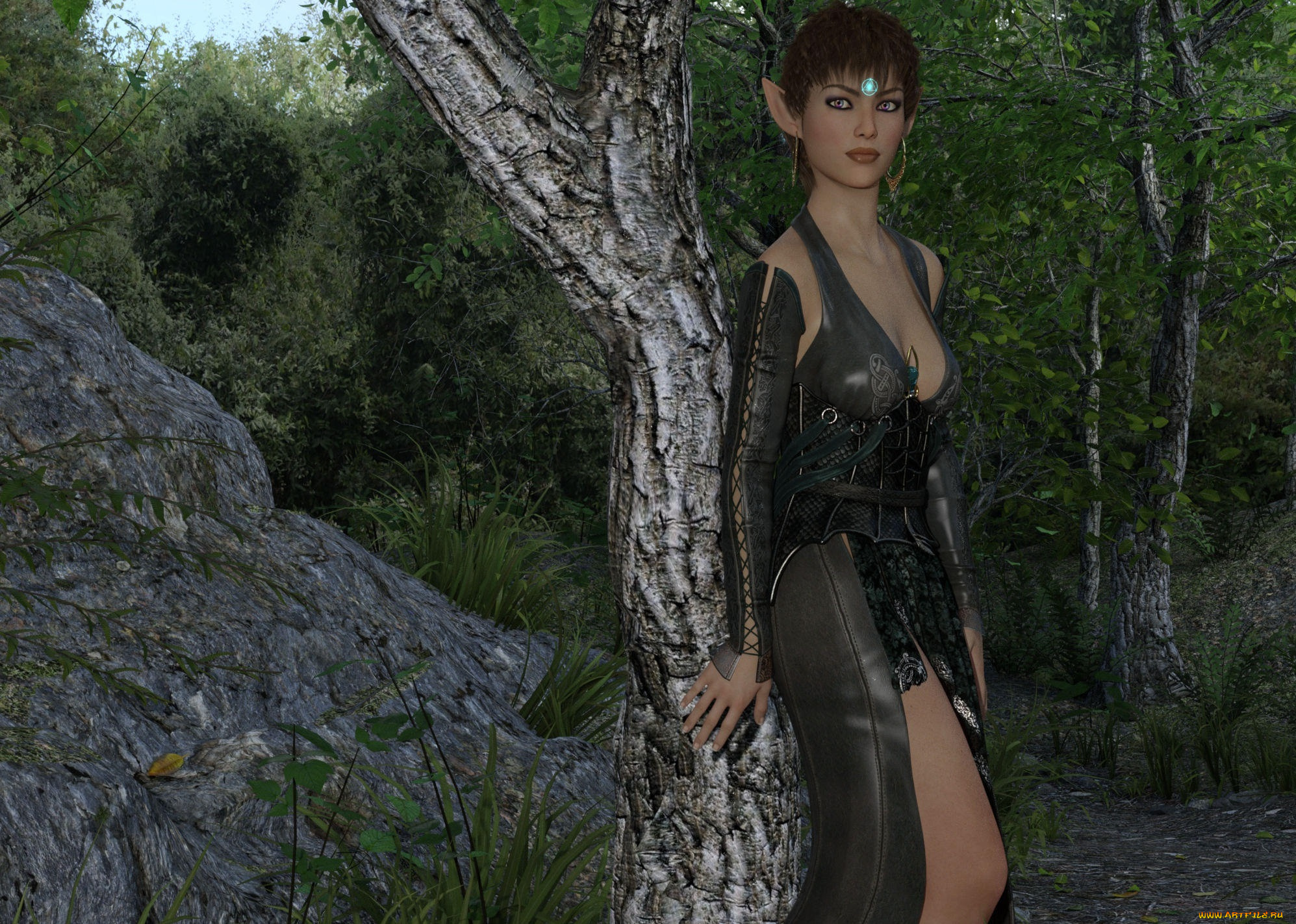 3д, графика, эльфы, , elves, взгляд, эльфийка, фон