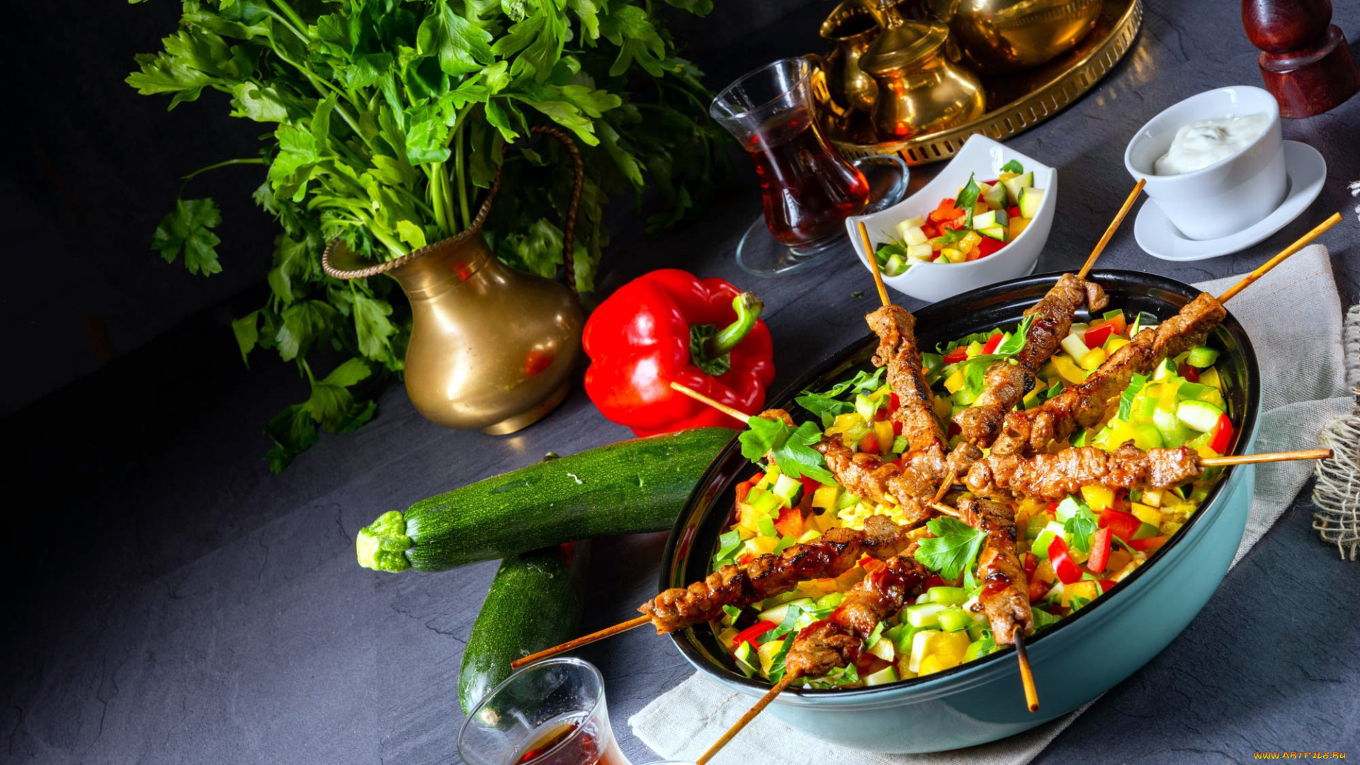 еда, шашлык, , барбекю, вино, шашлыки, перец, цуккини, овощи