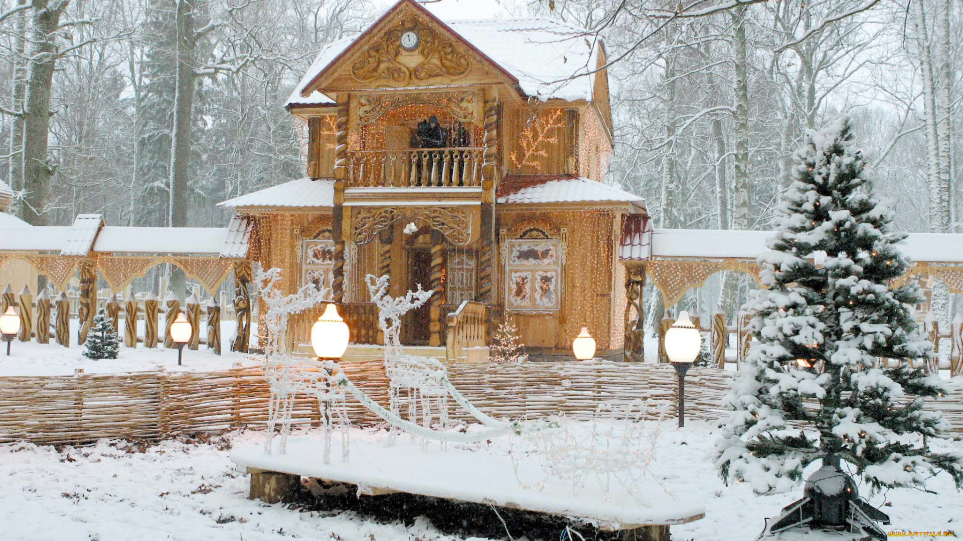 города, -, здания, , дома, фонарь, резьба, снег, ёлка, олени, дом