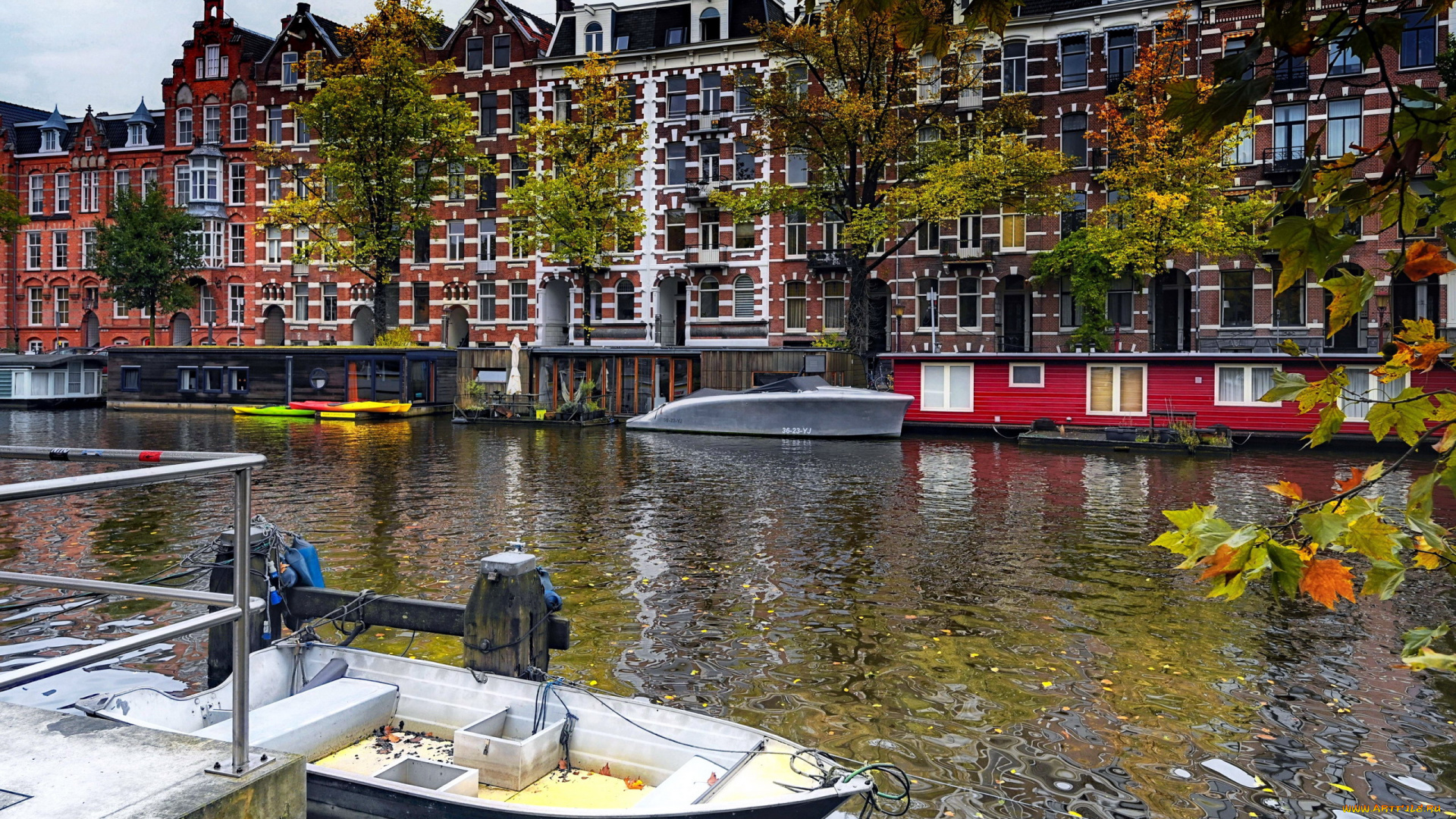 города, амстердам, , нидерланды, канал, лодки, дома