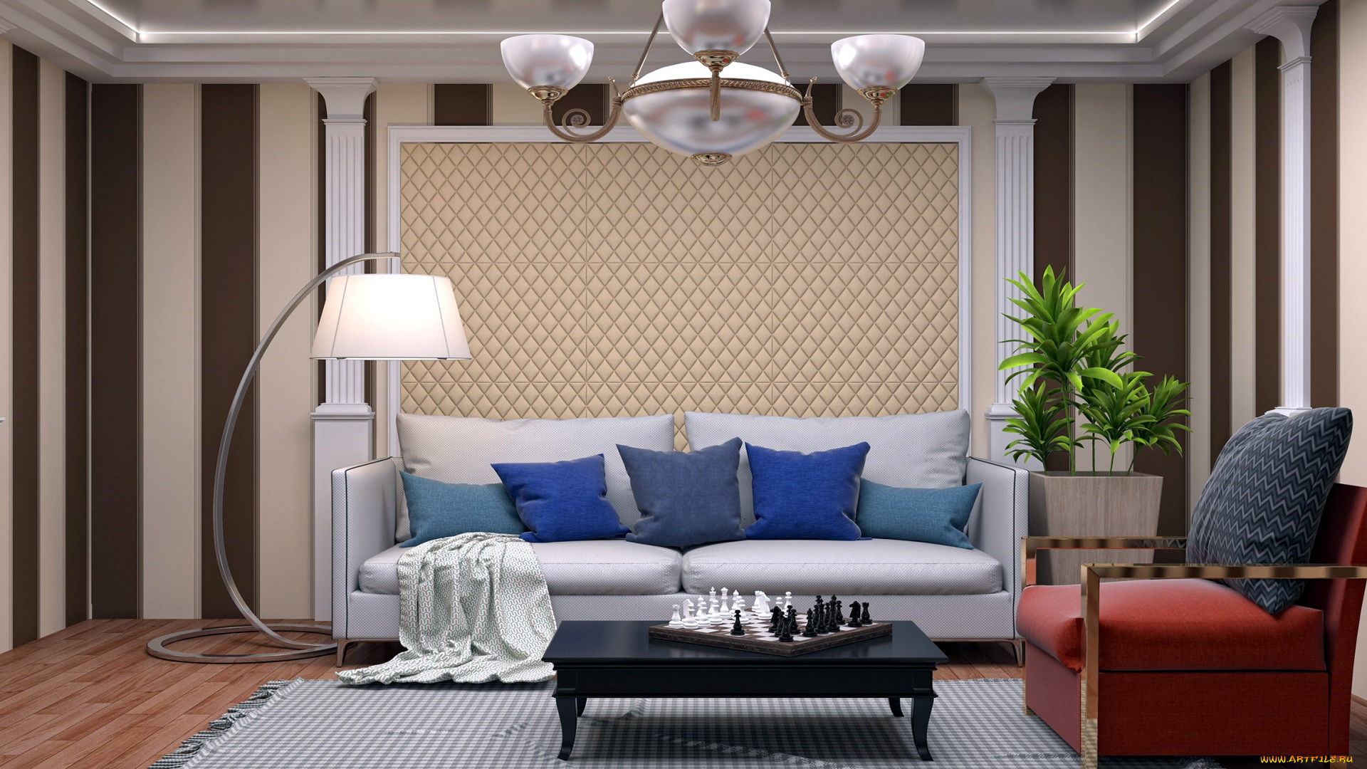 интерьер, гостиная, торшер, шахматы, диван, люстра