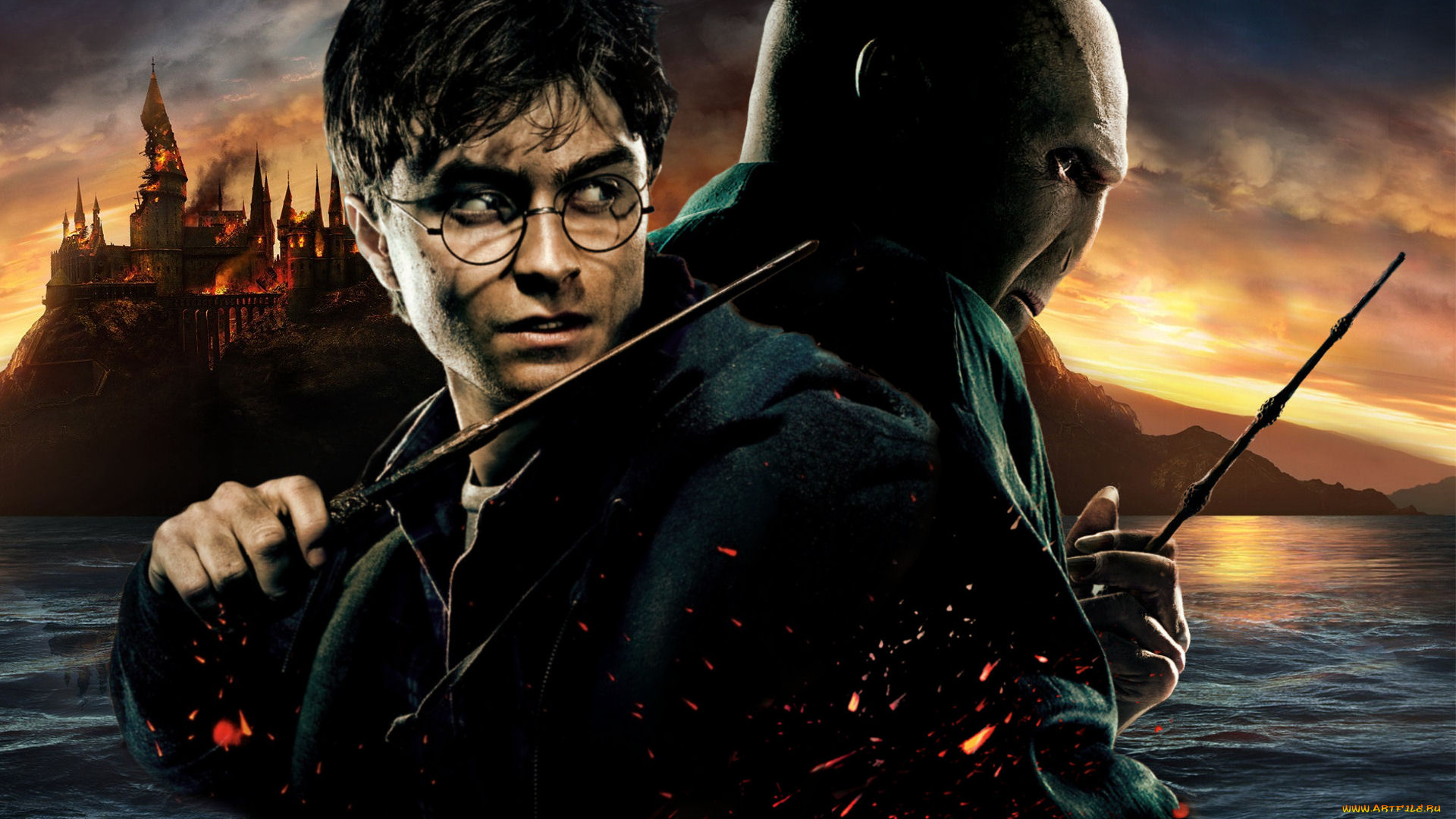 кино, фильмы, harry, potter, and, the, deathly, hallows, , part, ii, пожар, палочки, гарри, поттер, хогвардс, озеро, воландеморт, искры