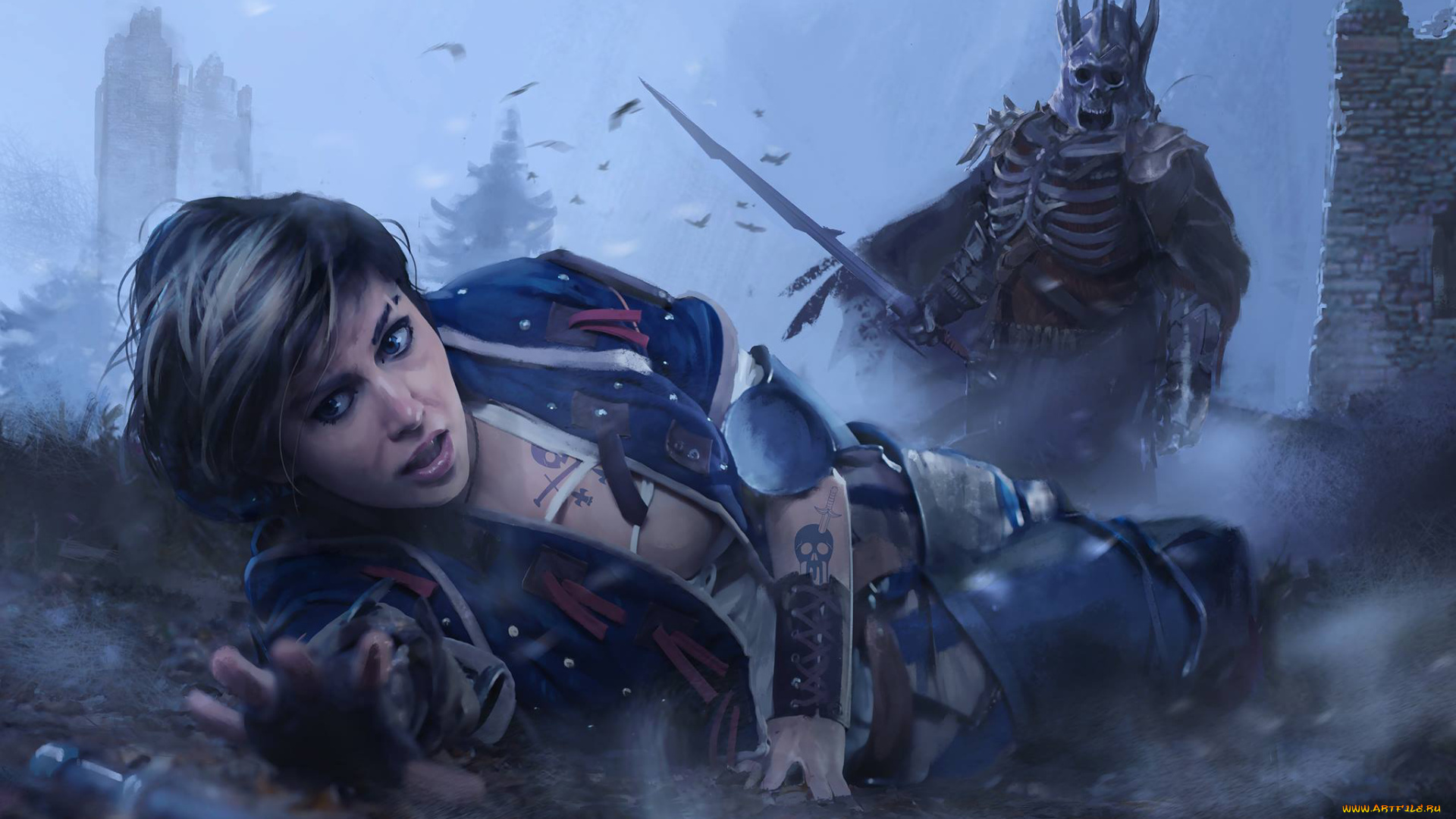 видео, игры, the, witcher, 3, , wild, hunt, бой, скелет, фон, девушка