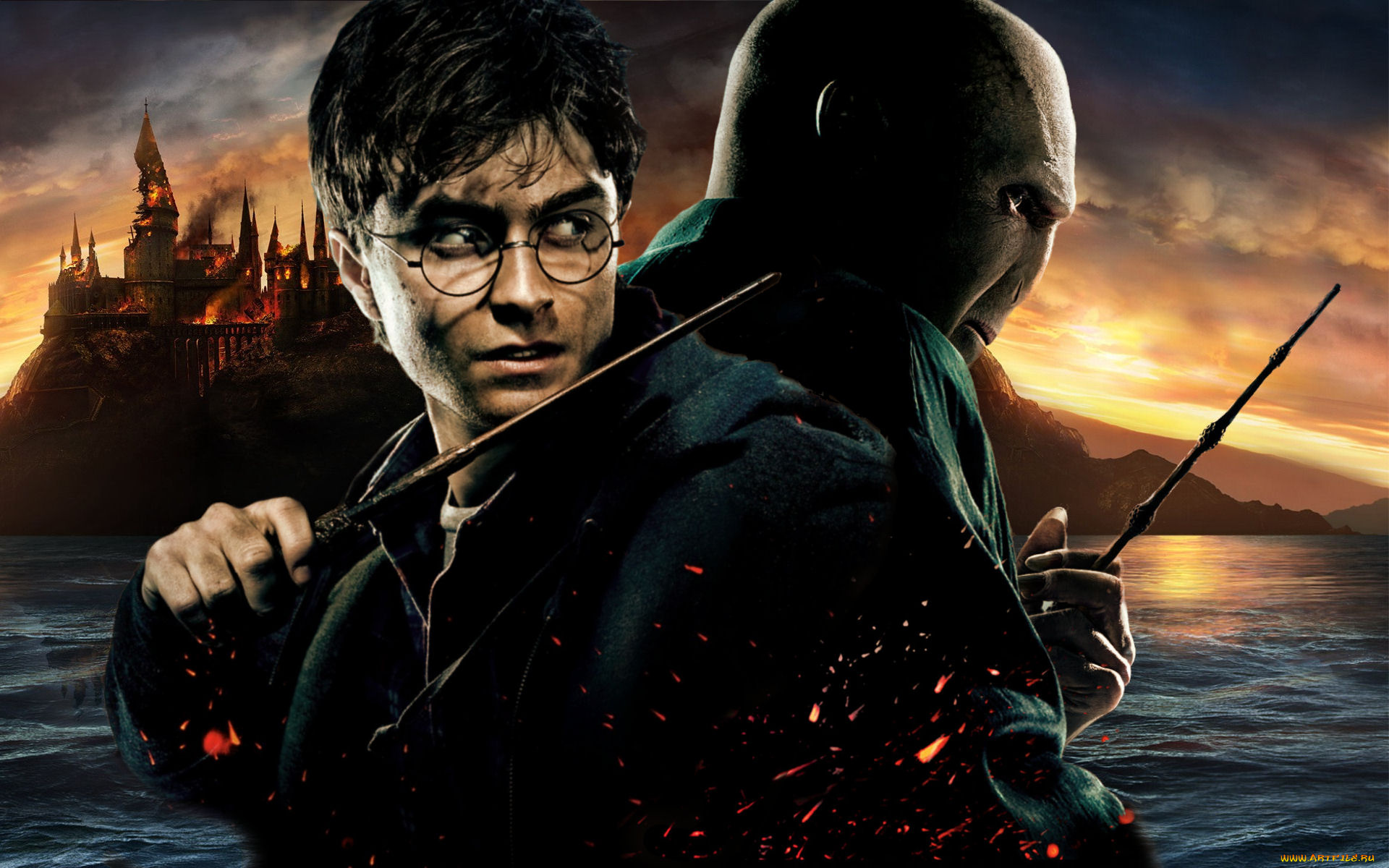 кино, фильмы, harry, potter, and, the, deathly, hallows, , part, ii, пожар, палочки, гарри, поттер, хогвардс, озеро, воландеморт, искры