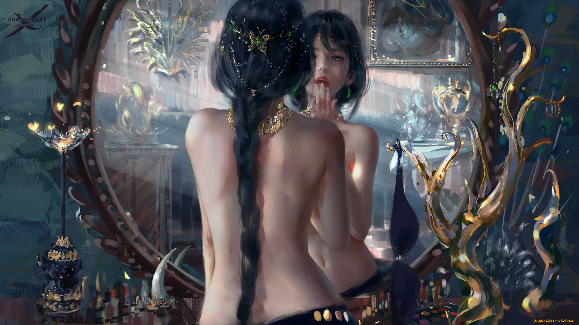 фэнтези, девушки, девушка, фон, взгляд, зеркало