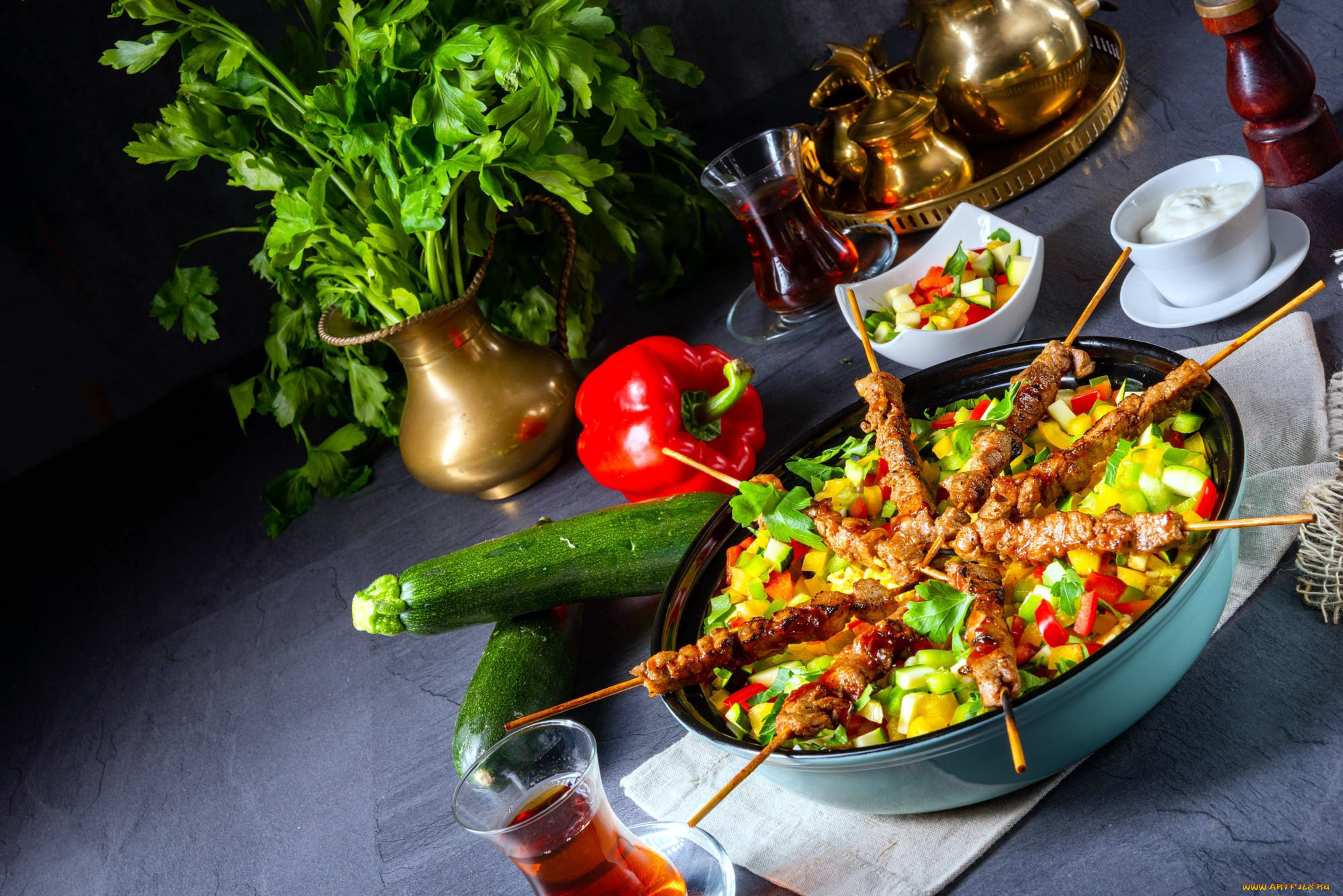 еда, шашлык, , барбекю, вино, шашлыки, перец, цуккини, овощи