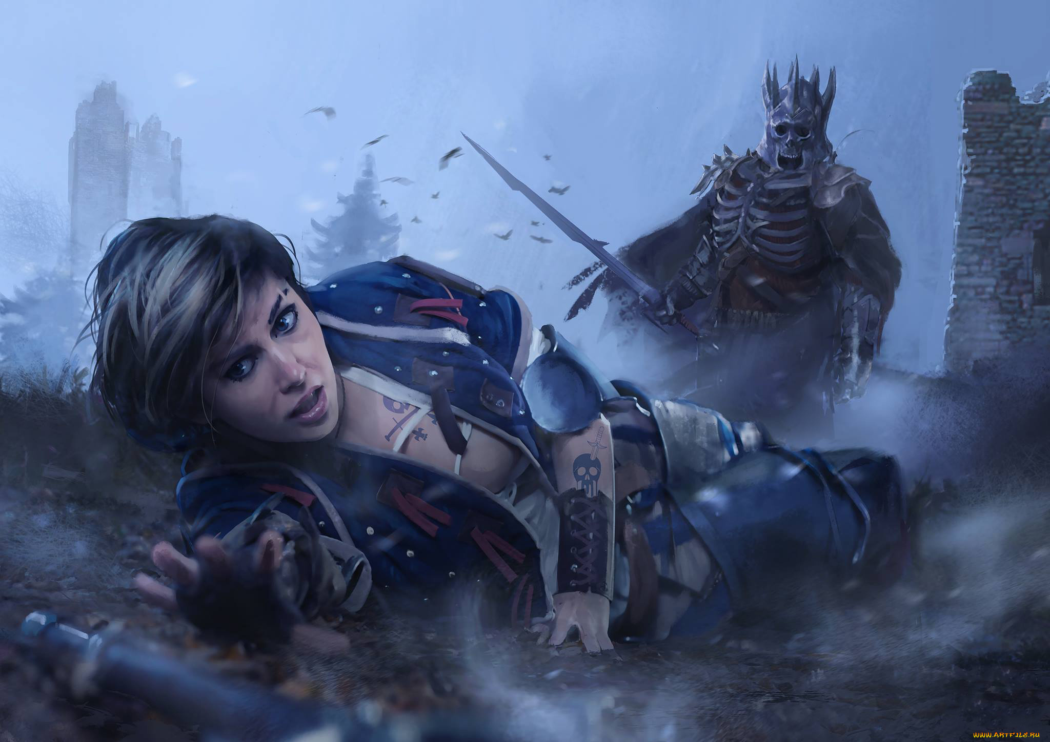 видео, игры, the, witcher, 3, , wild, hunt, бой, скелет, фон, девушка