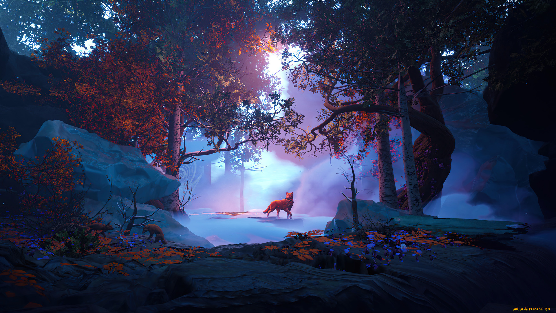 3д, графика, животные, , animals, лисы, лес, осень