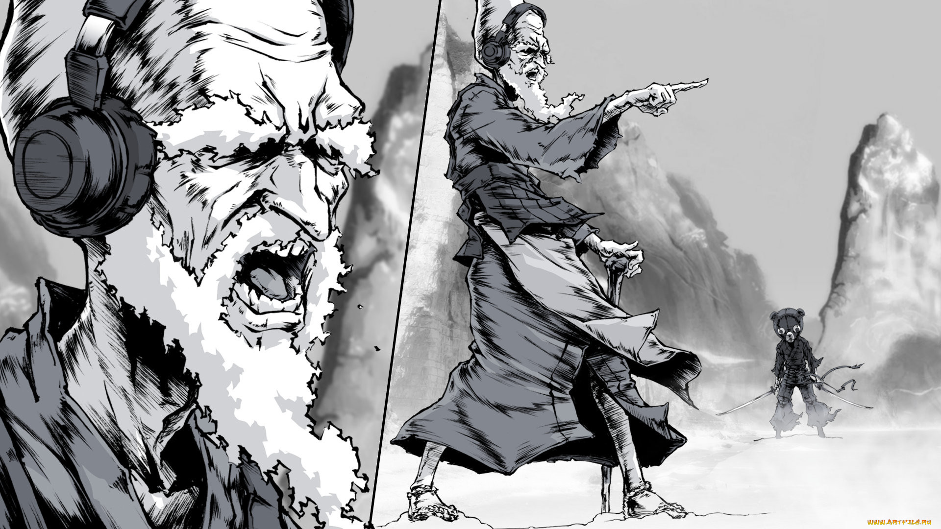 аниме, afro, samurai, дед, наушники, танец