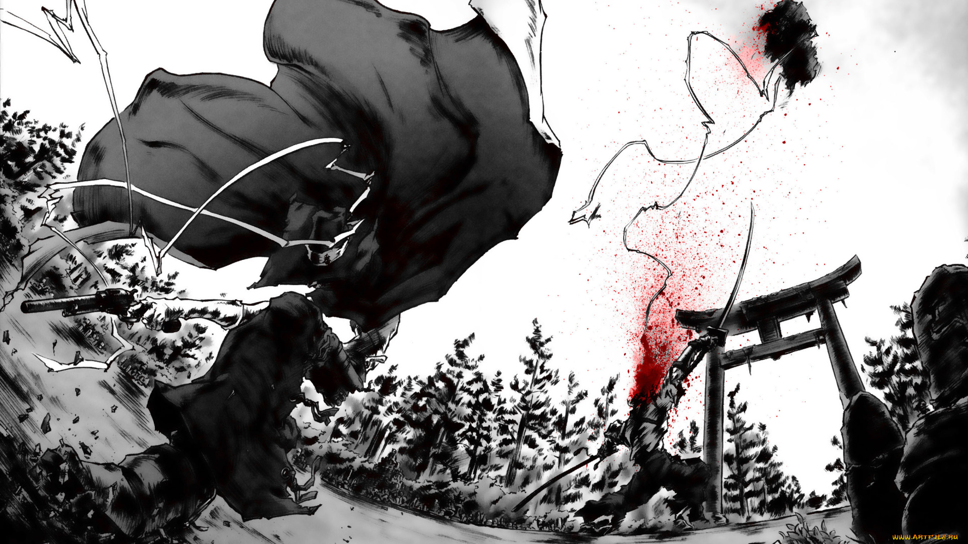 аниме, afro, samurai, поединок, оружие