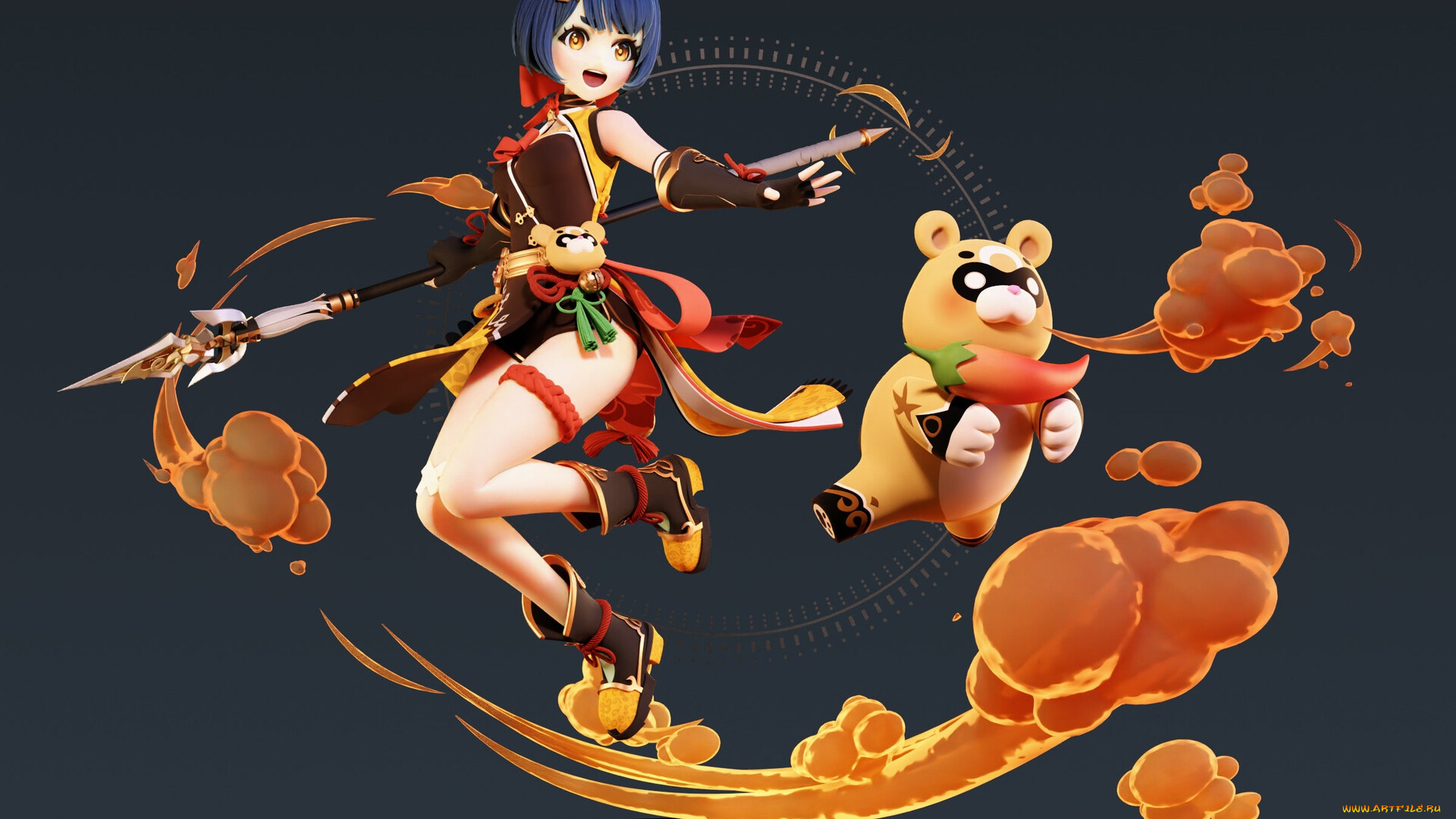 аниме, genshin, impact, девушка, копье, мишка