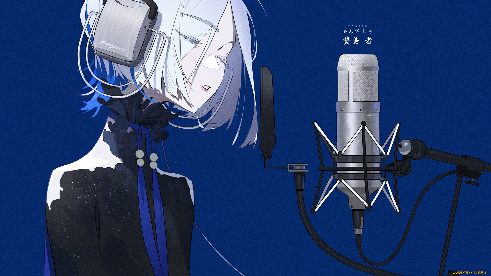 аниме, музыка, девушка, наушники, микрофон