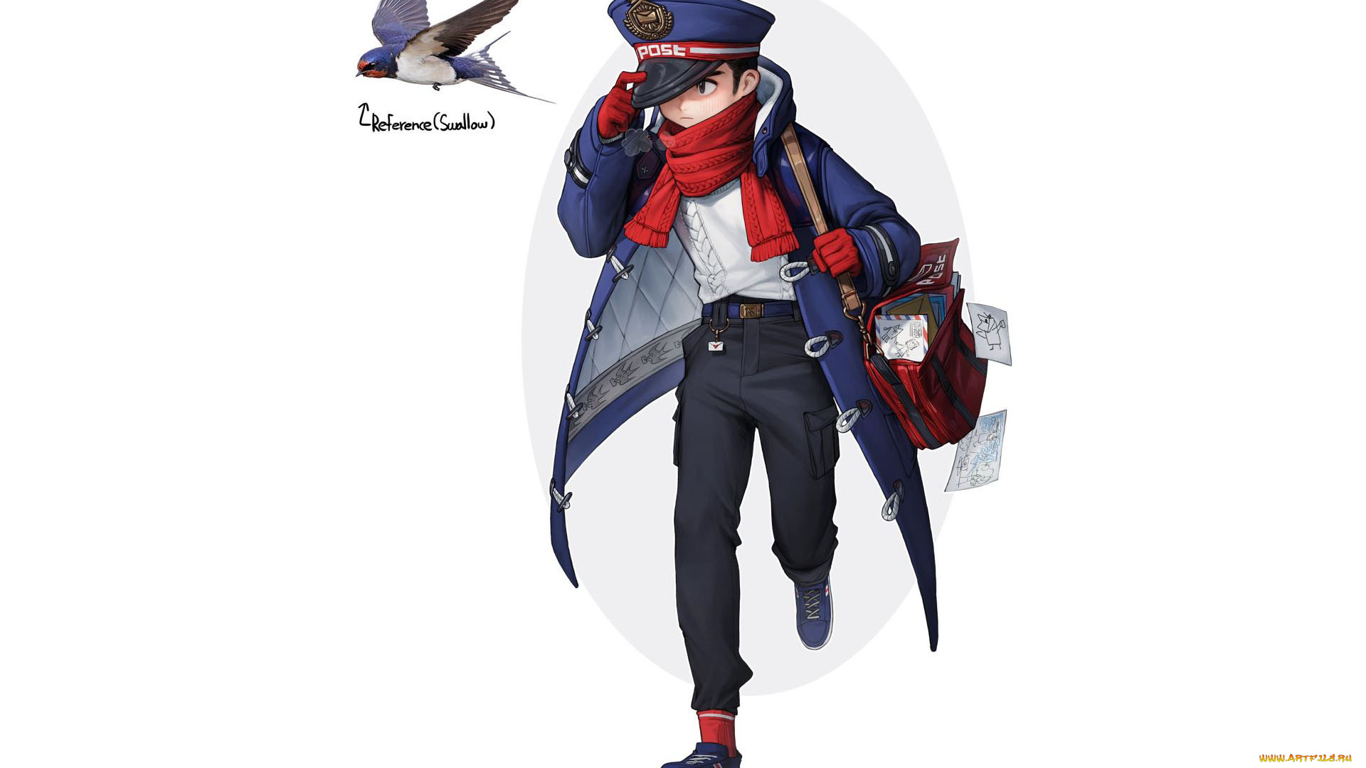 аниме, unknown, , другое, , мальчик, почтальон, форма, сумка, письма, ласточка