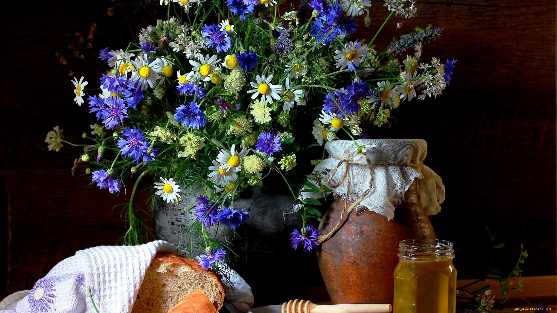 еда, мёд, , варенье, , повидло, , джем, васильки, ромашки, букет, мед, хлеб