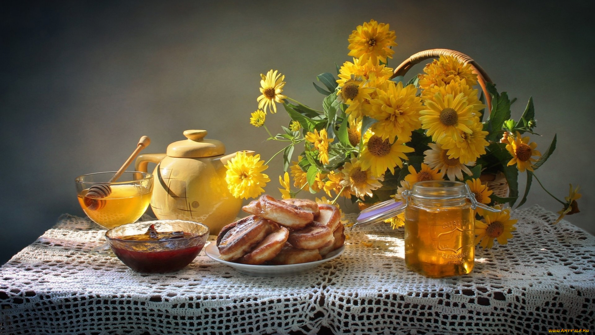 еда, натюрморт, цветы, мед, варенье, оладьи