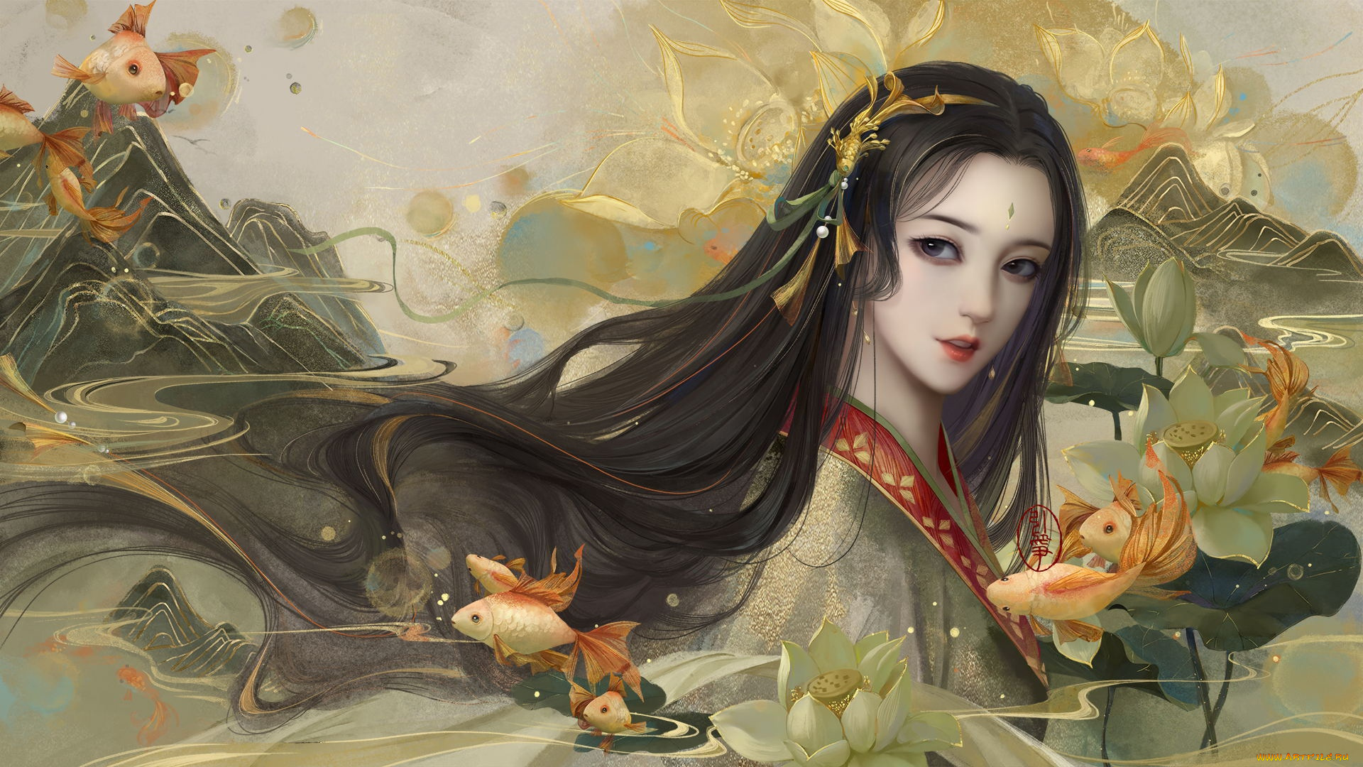 рисованное, люди, девушка, лицо, рыбы, лотосы