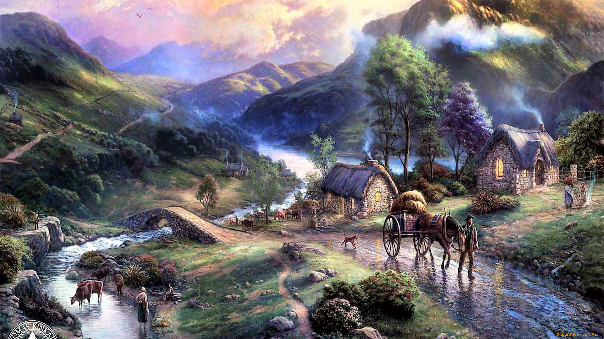 рисованное, thomas, kinkade, дома, горы, речка, мост, повозка