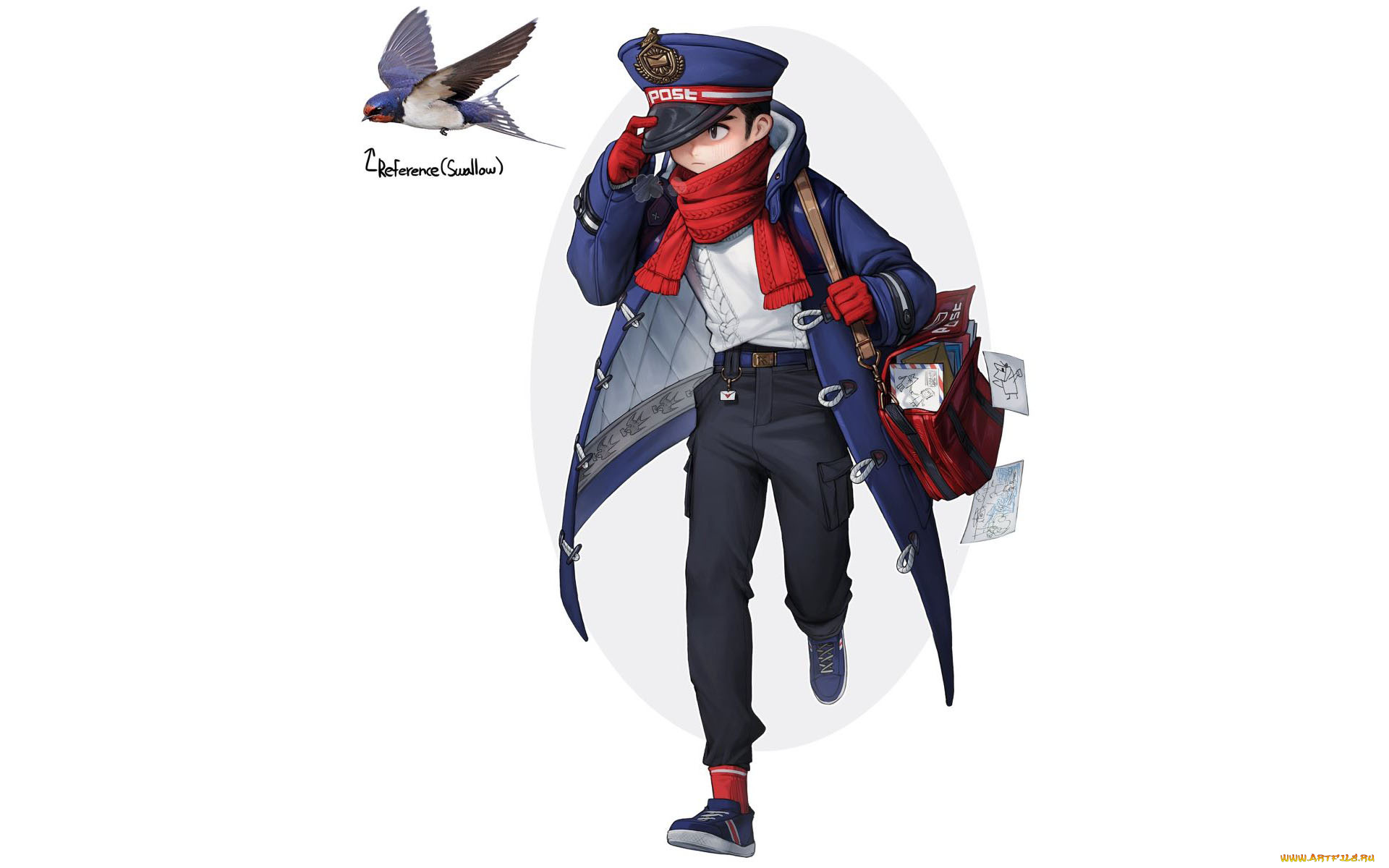 аниме, unknown, , другое, , мальчик, почтальон, форма, сумка, письма, ласточка