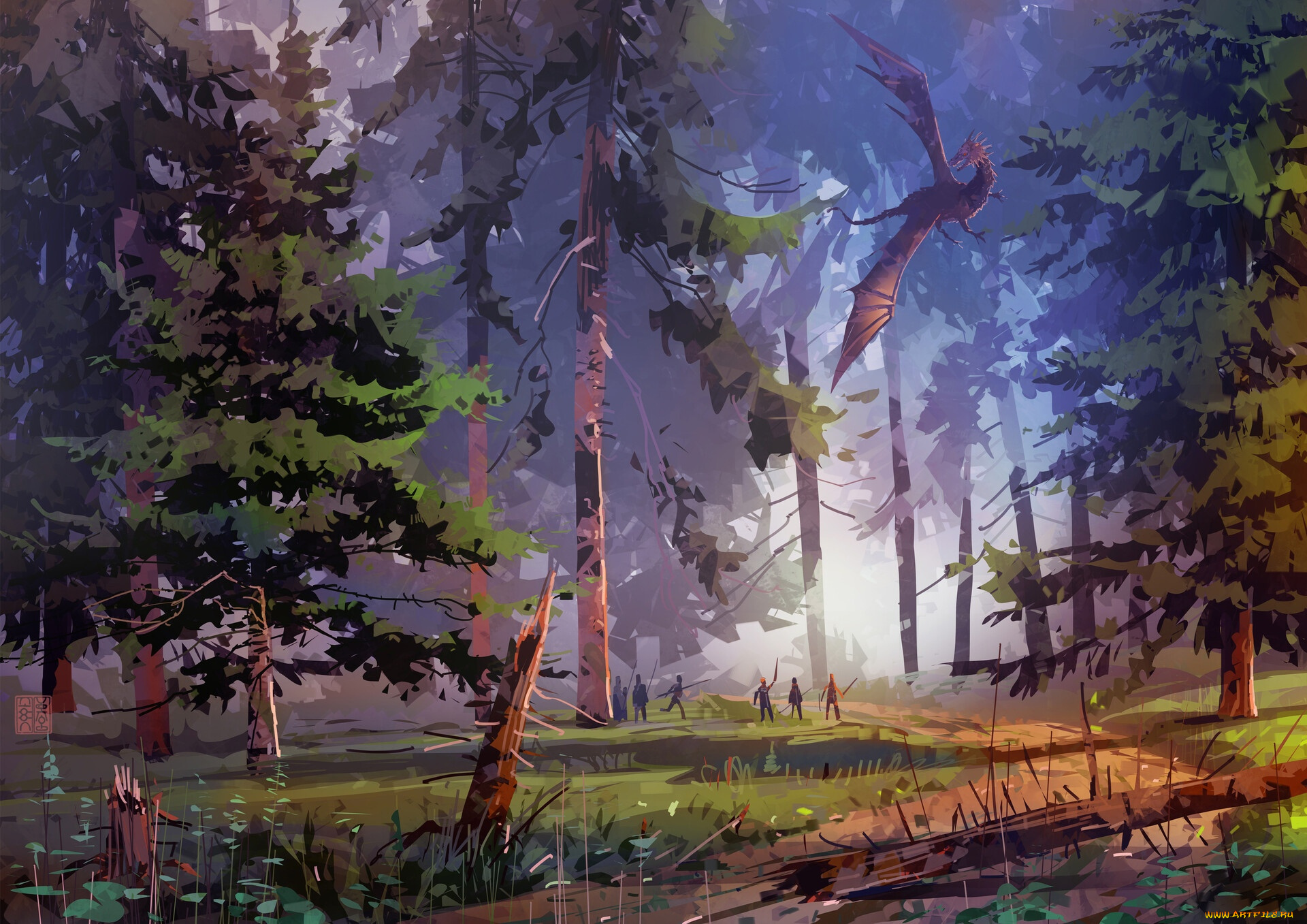 фэнтези, драконы, лес, дракон, люди