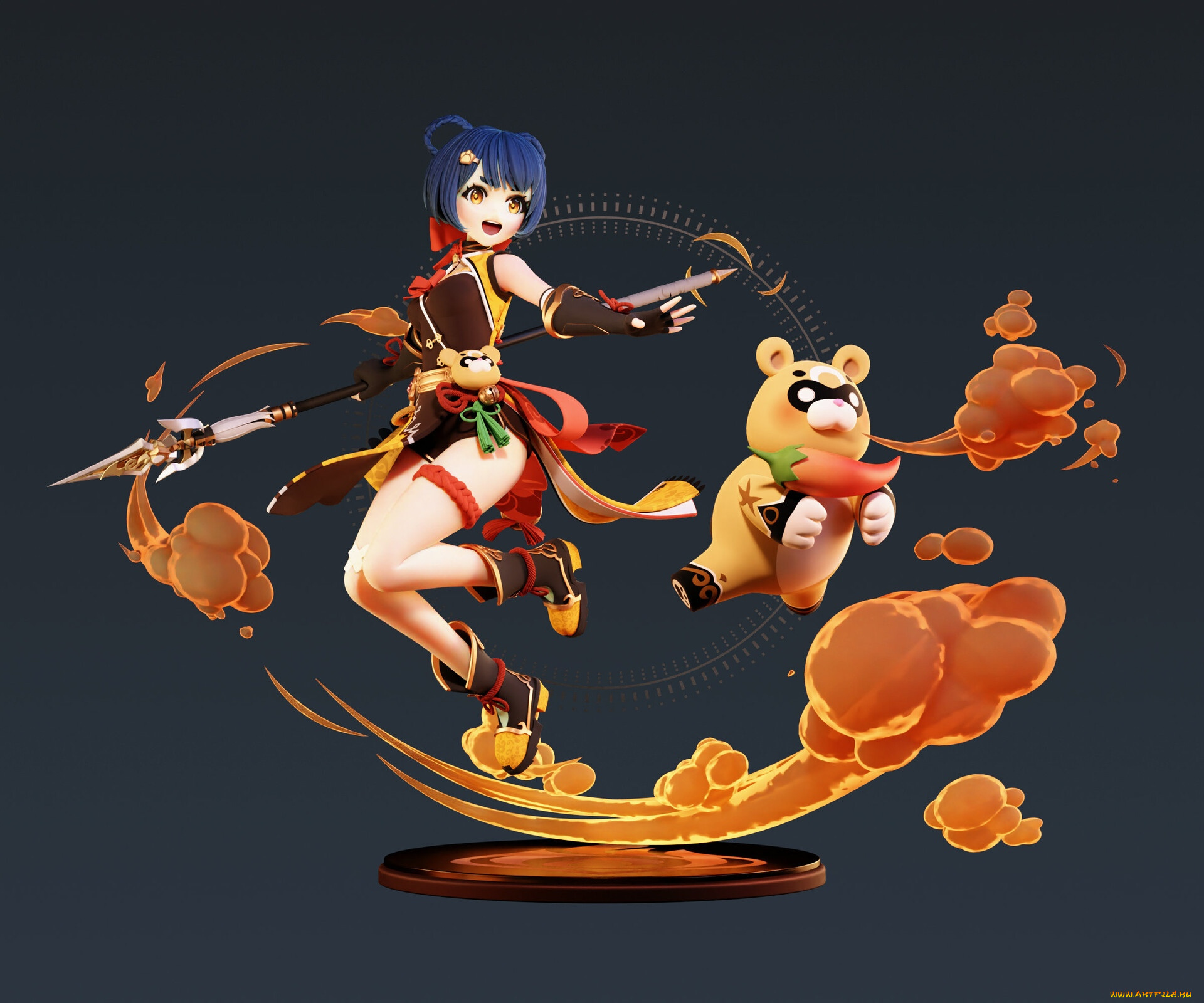 аниме, genshin, impact, девушка, копье, мишка