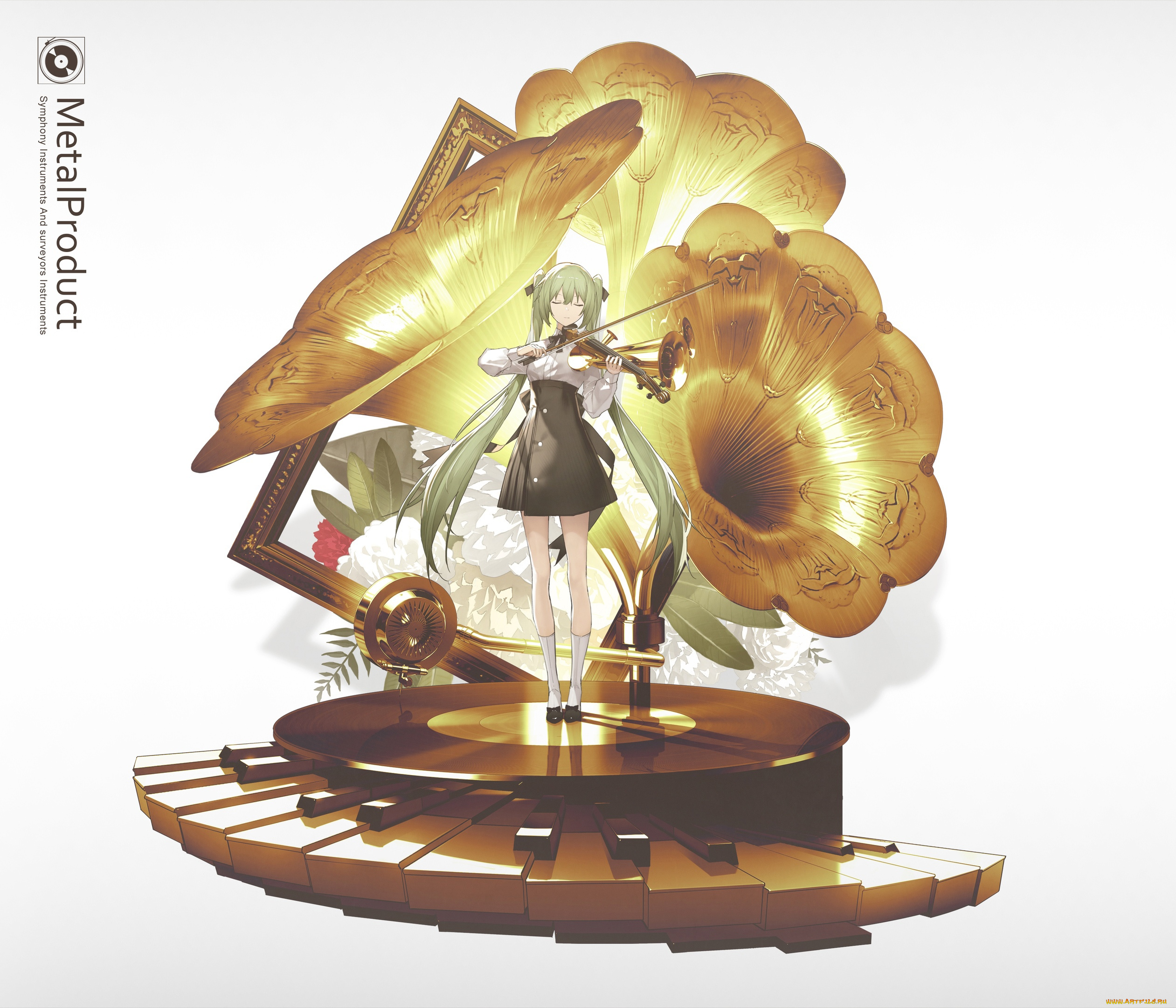 аниме, музыка, девочка, скрипка, граммофон, клавиши