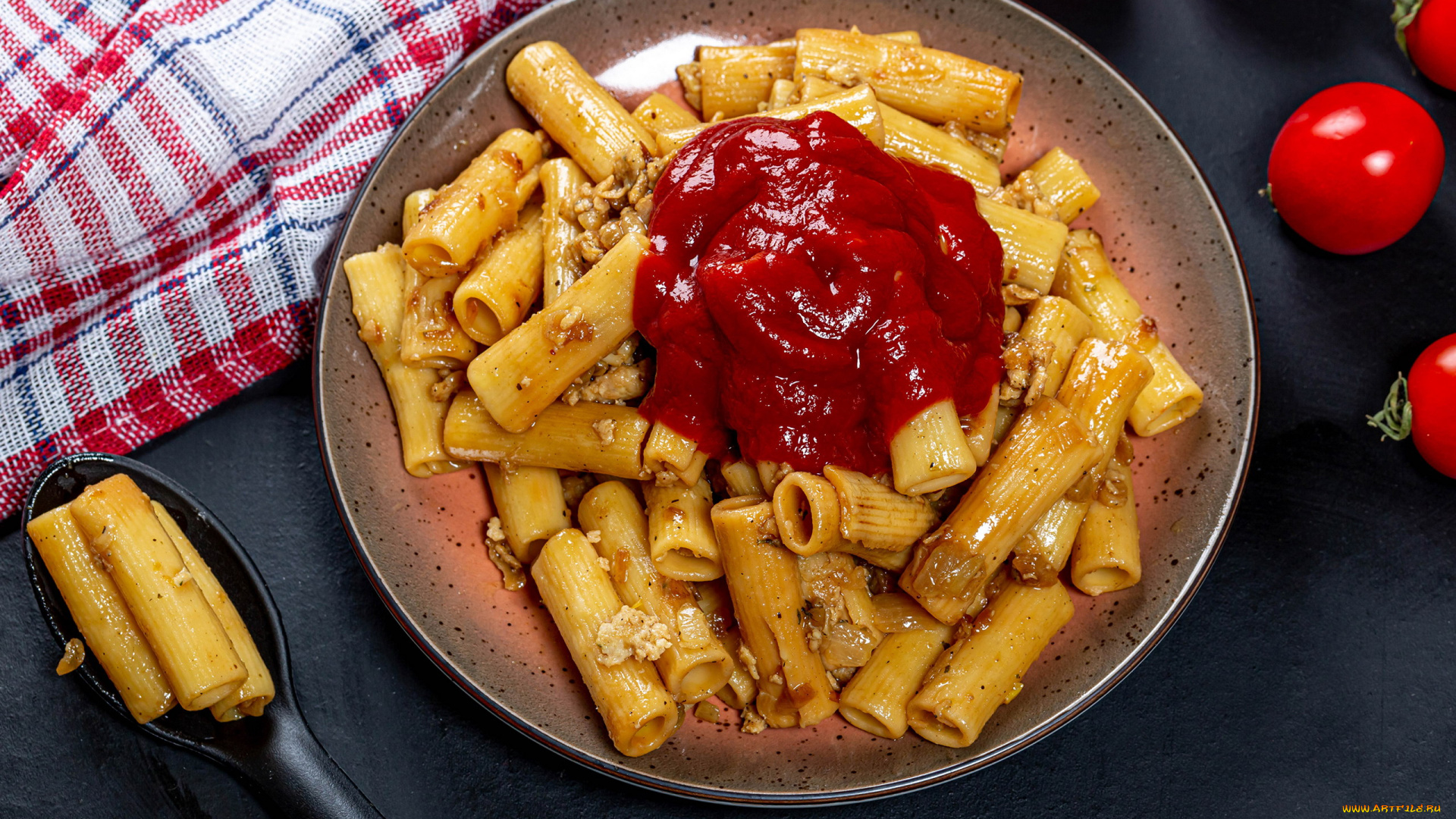 еда, макароны, , макаронные, блюда, паста, соус, кетчуп, помидоры