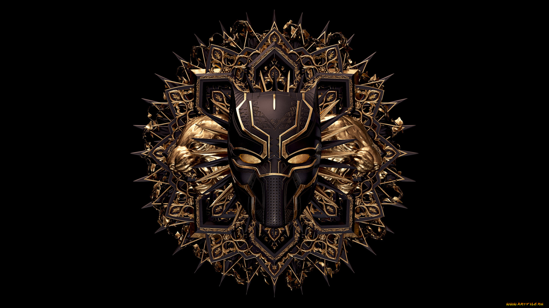 3д, графика, другое, , other, абстракция, золото, маска, черный, фон, gold, орнамент, abstraction, mask