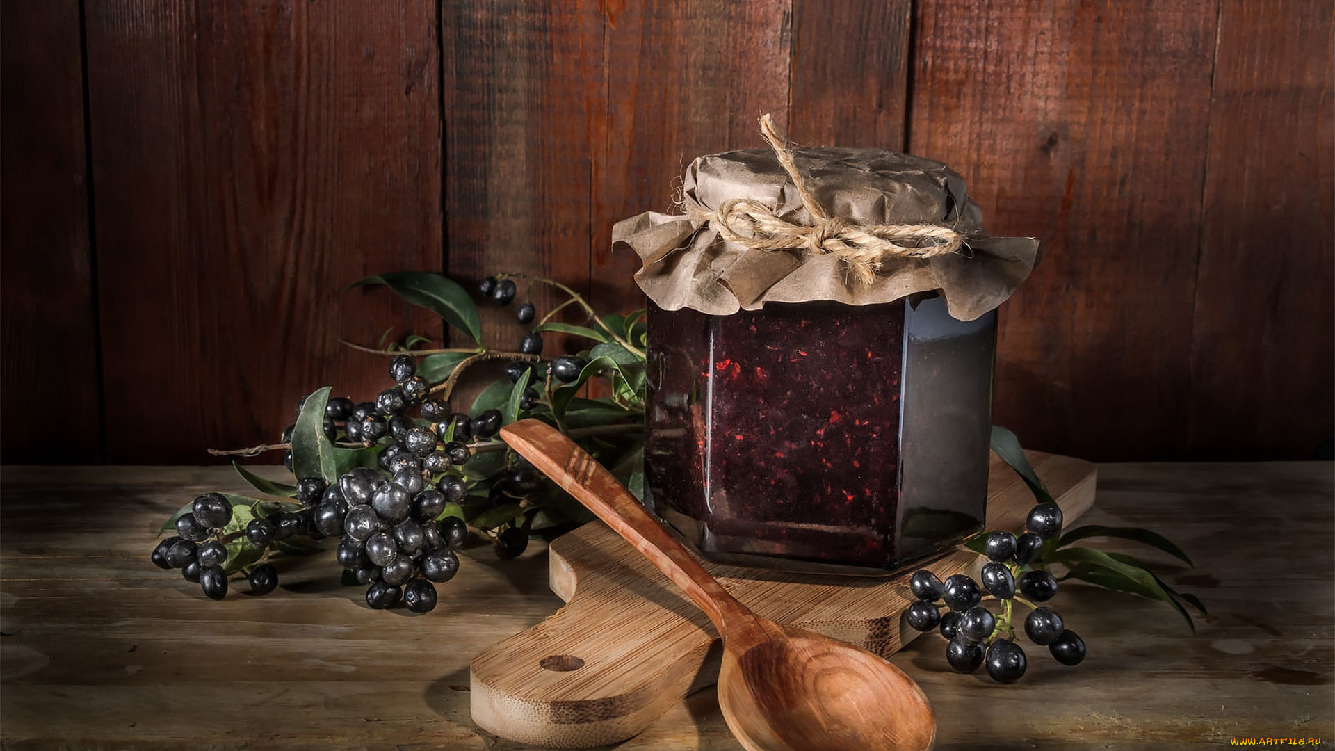 еда, мёд, , варенье, , повидло, , джем, бумага, ягоды, стол, доски, ложка, банка, натюрморт, джем