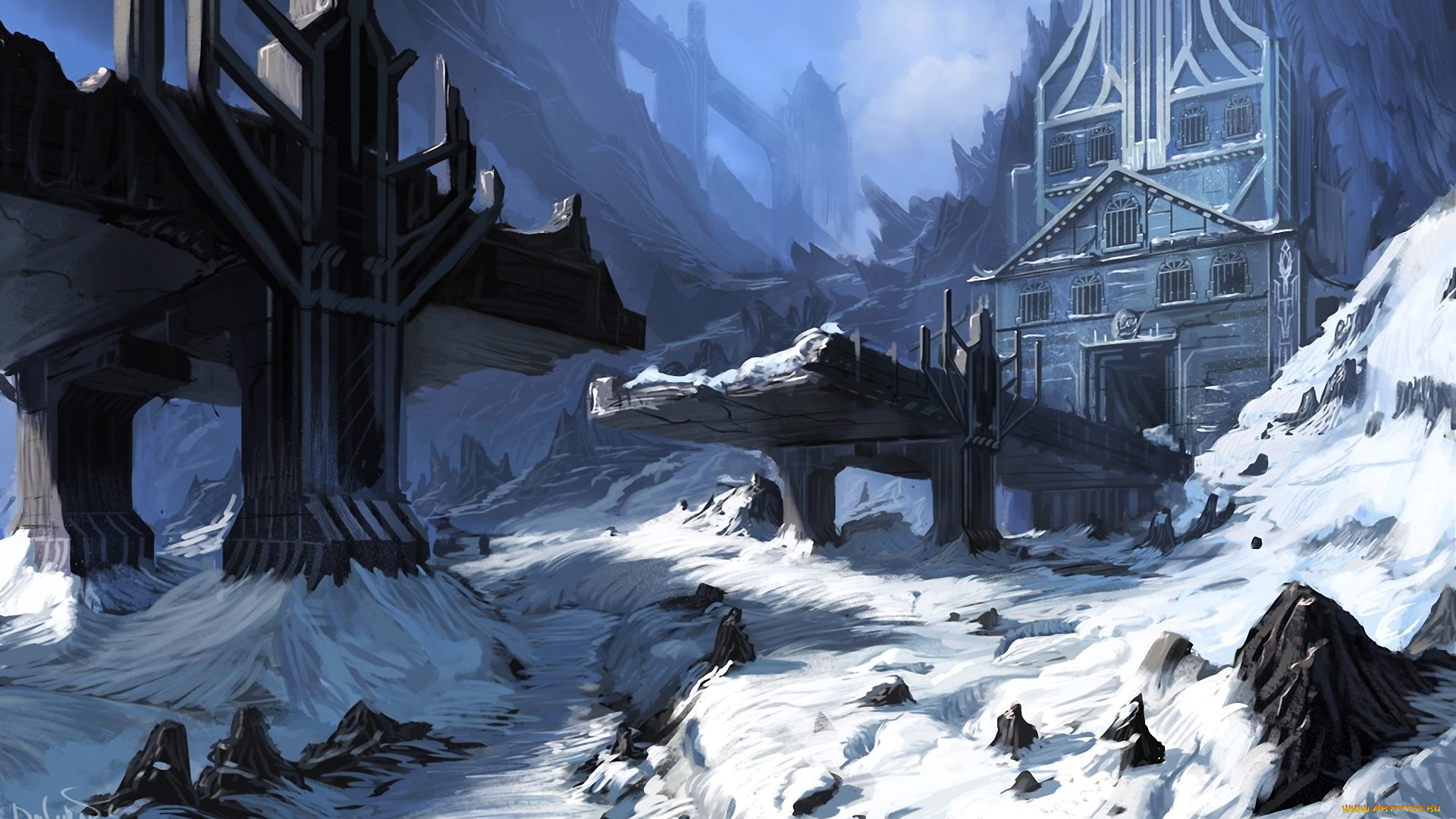 фэнтези, иные, миры, , иные, времена, мост, дыра, снег, горы, здание